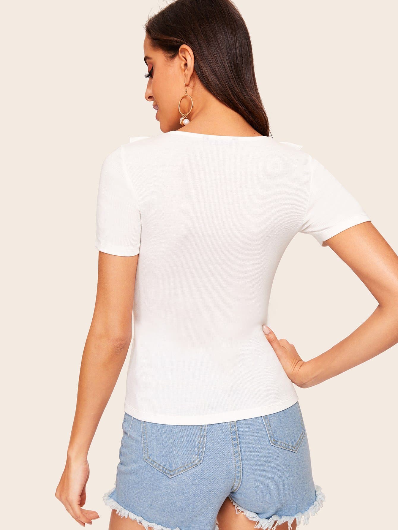White Short Sleeve V Neck Buttoned Half Placket Ruffle Trim Top