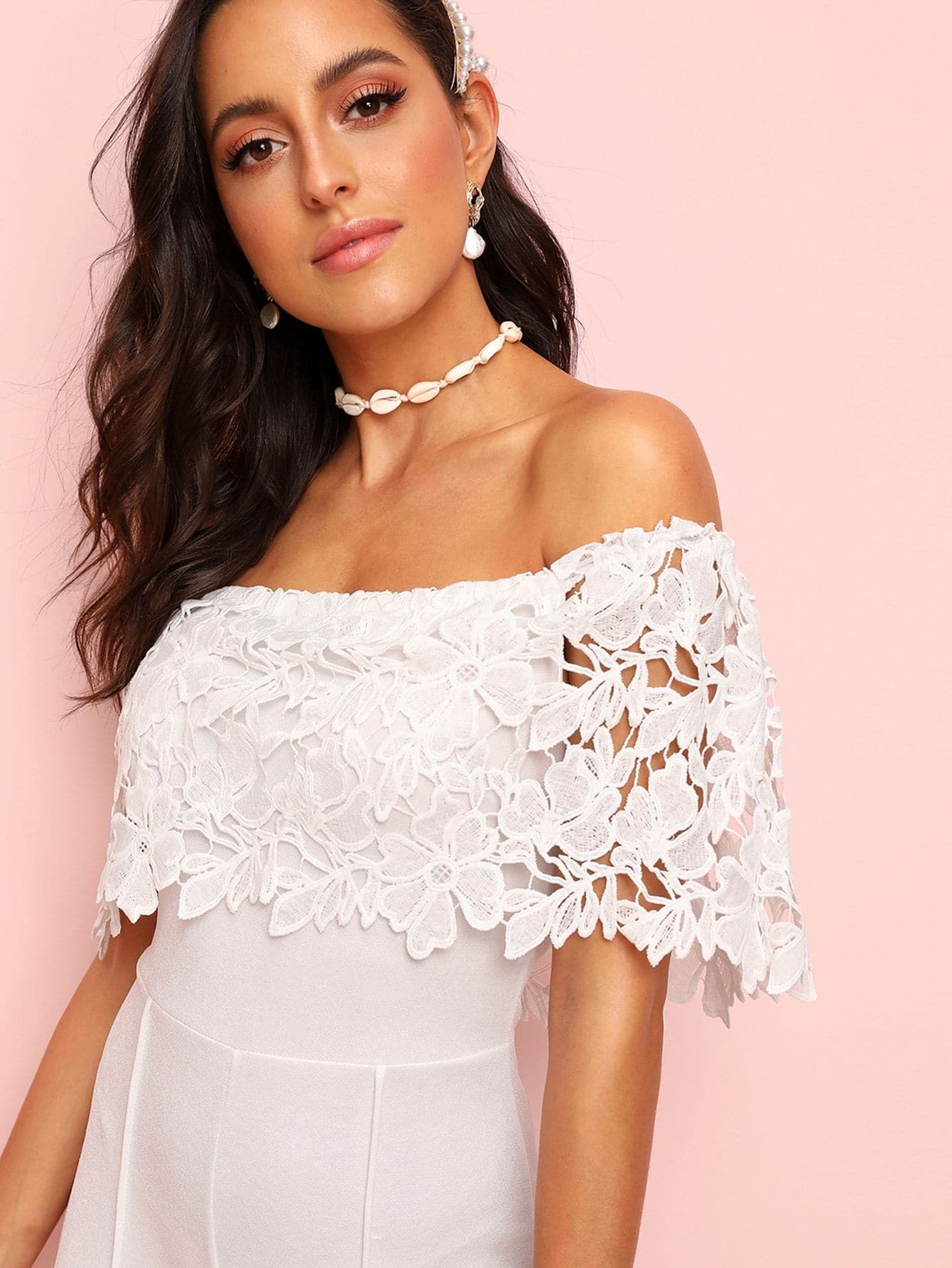 White High Waist Lace Overlay Off Shoulder Jumpsuit