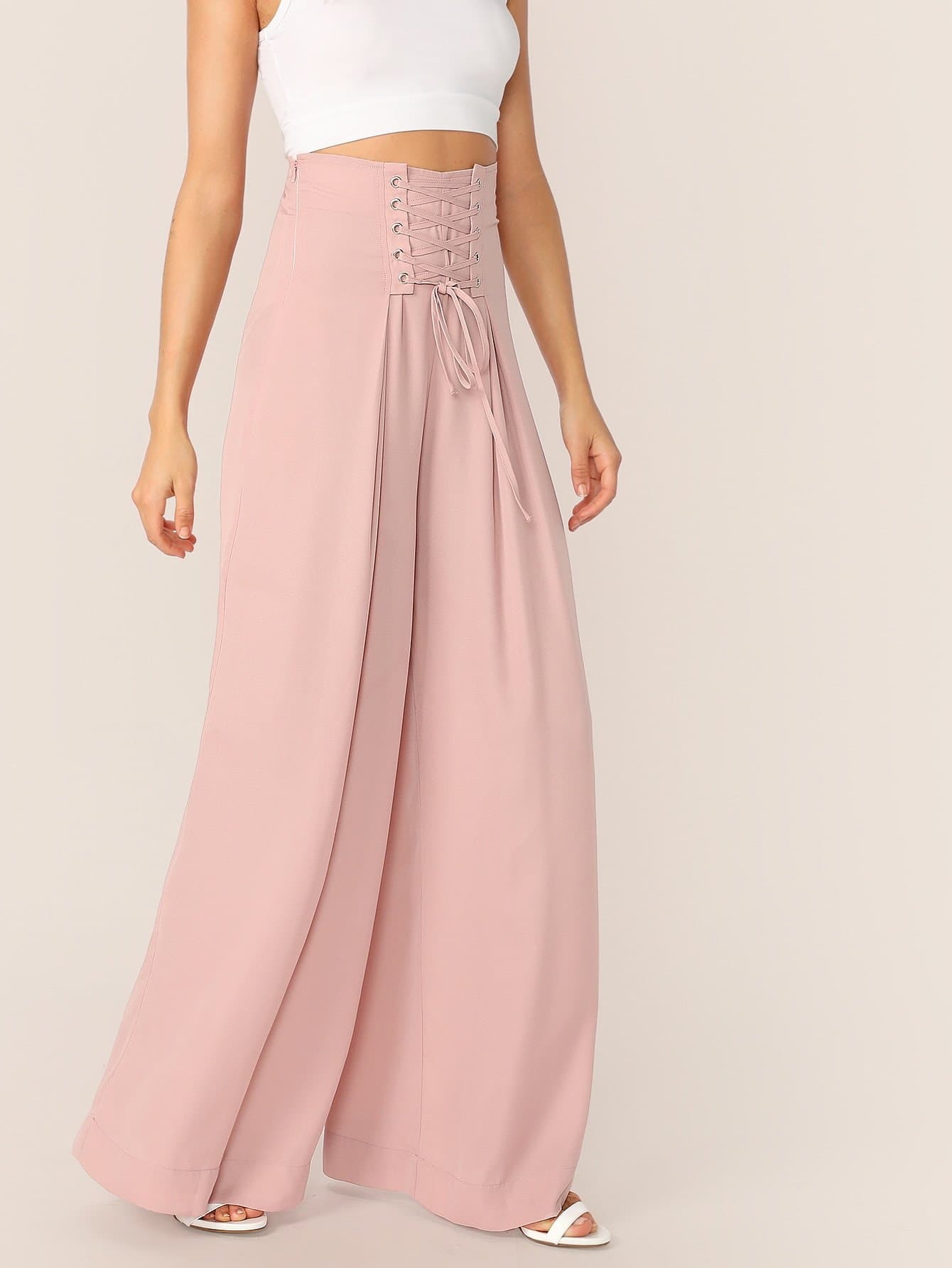 Pink Lace-up Waist Pleated Wide Leg Pants