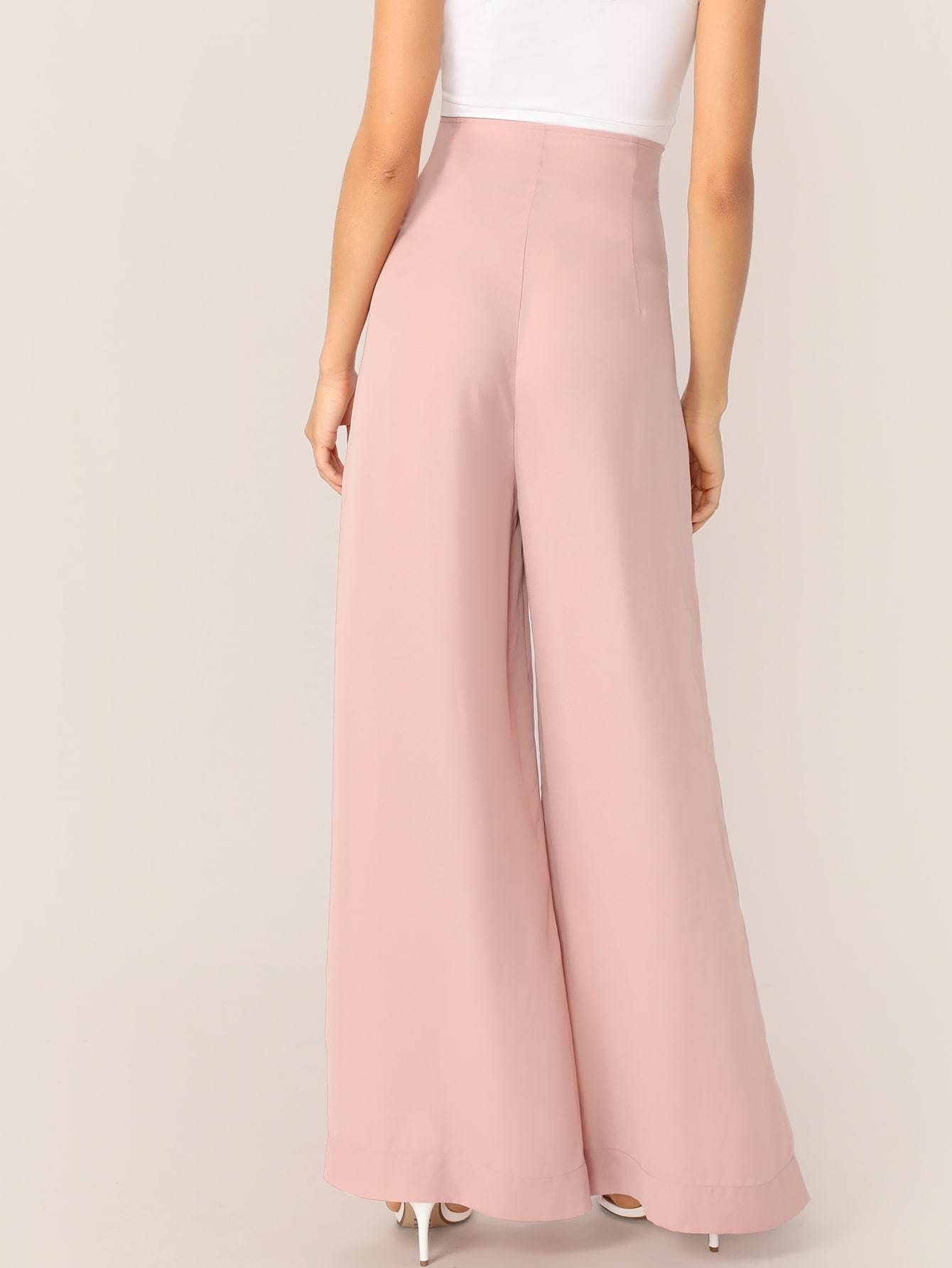 Pink Lace-up Waist Pleated Wide Leg Pants