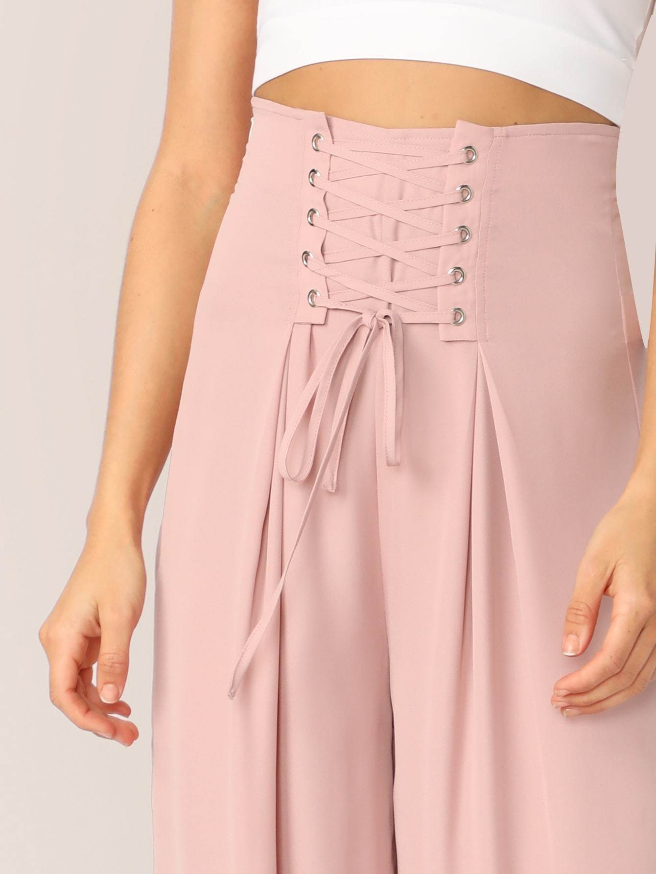 Pink Lace-up Waist Pleated Wide Leg Pants
