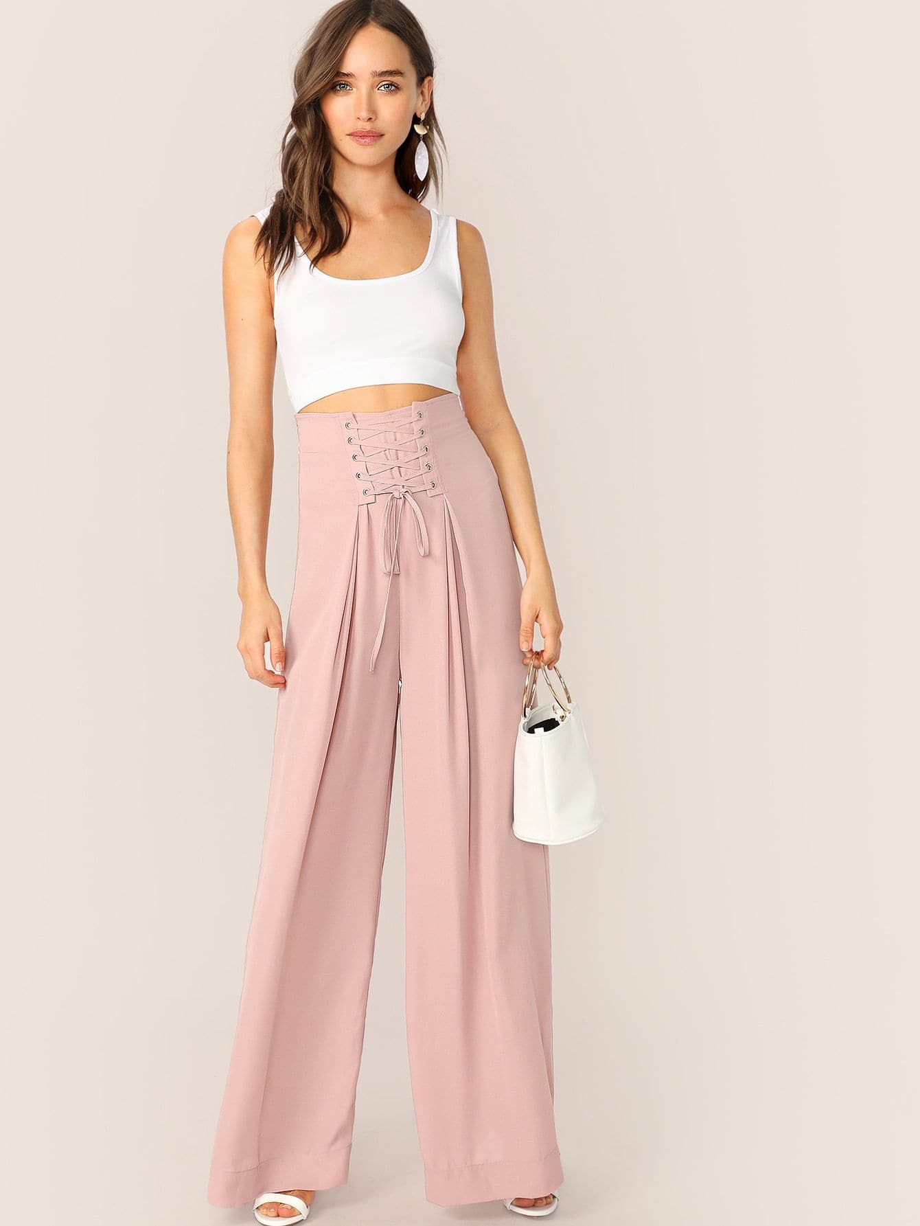 Pink Lace-up Waist Pleated Wide Leg Pants