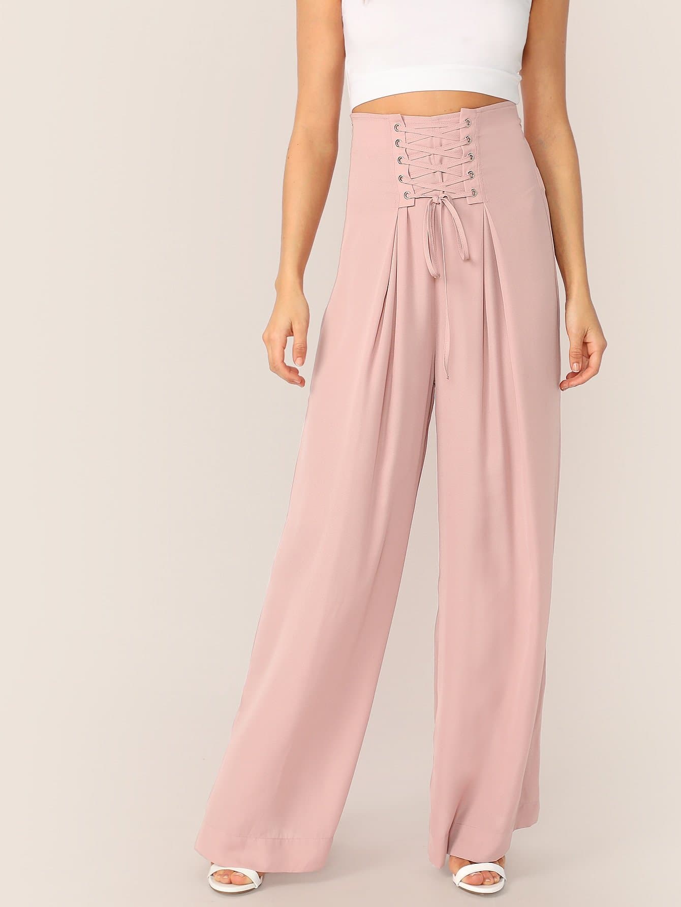 Pink Lace-up Waist Pleated Wide Leg Pants