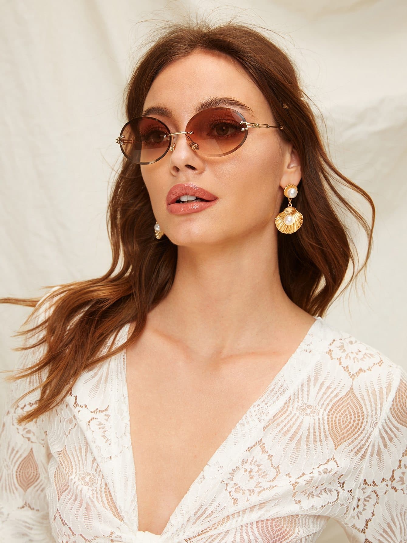 Khaki Oval Lens Rimless Sunglasses