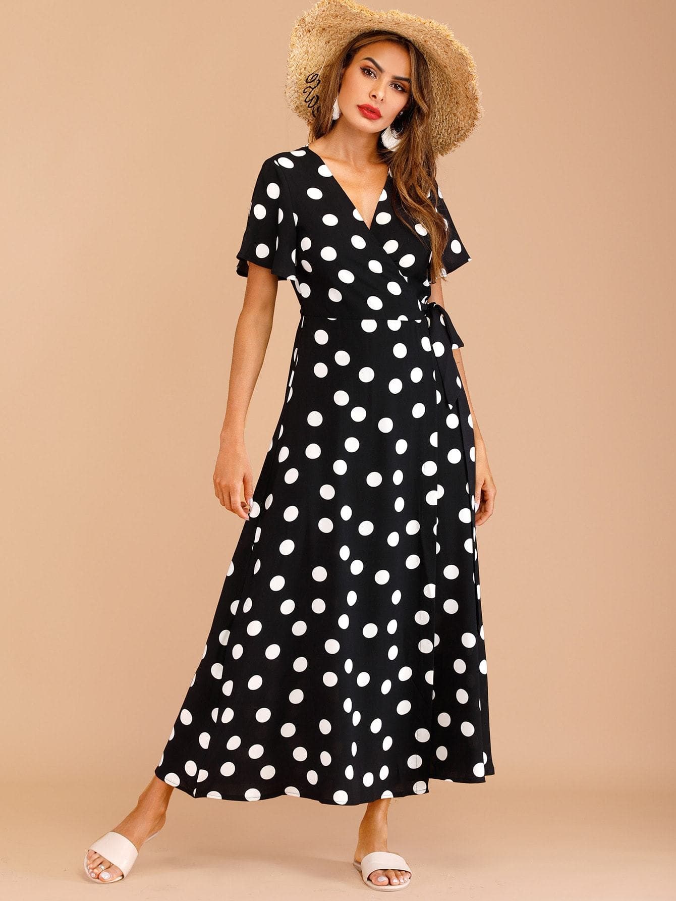 Black V Neck Polka Dot Wrap Knot Side Dress