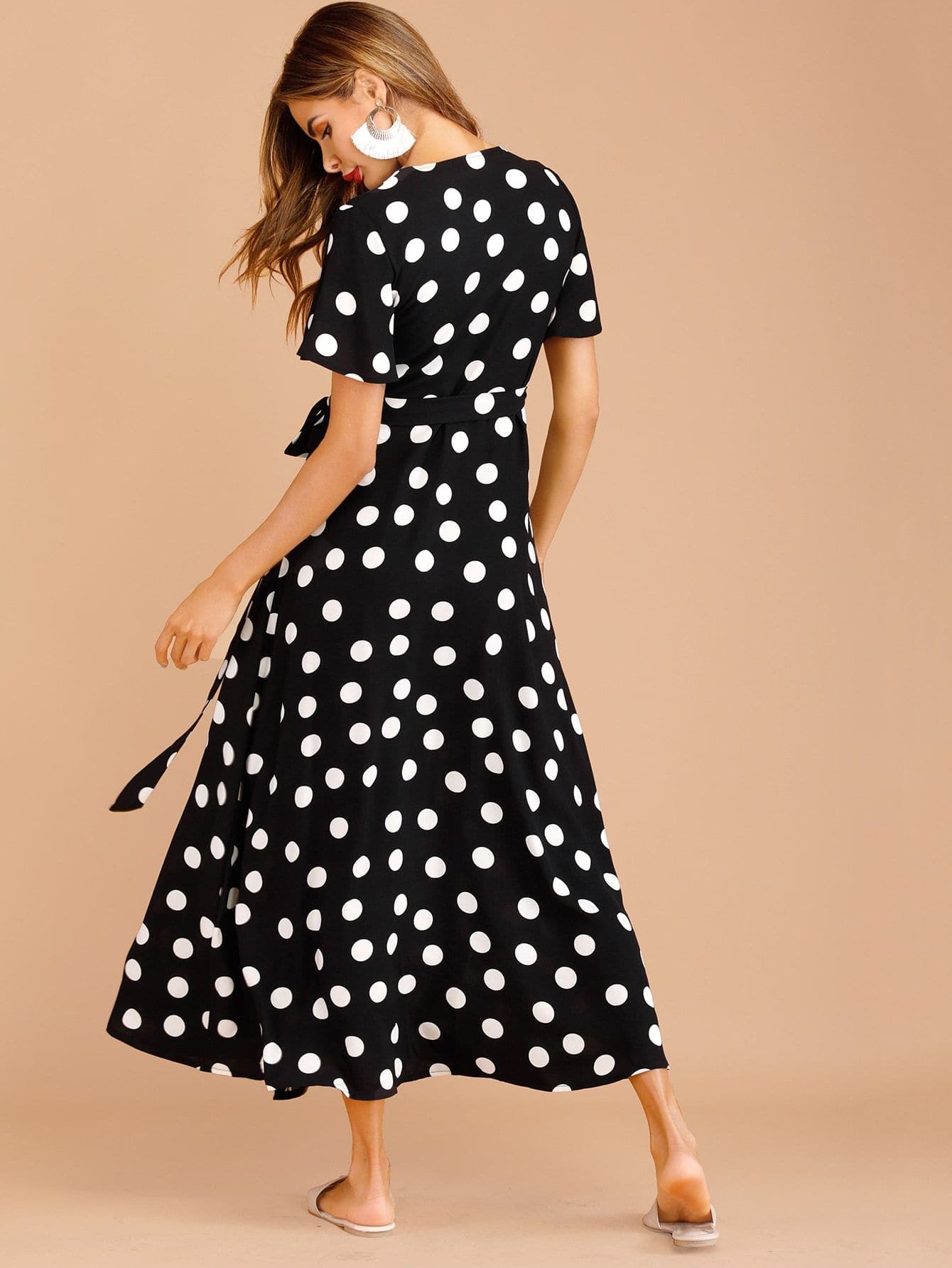 Black V Neck Polka Dot Wrap Knot Side Dress