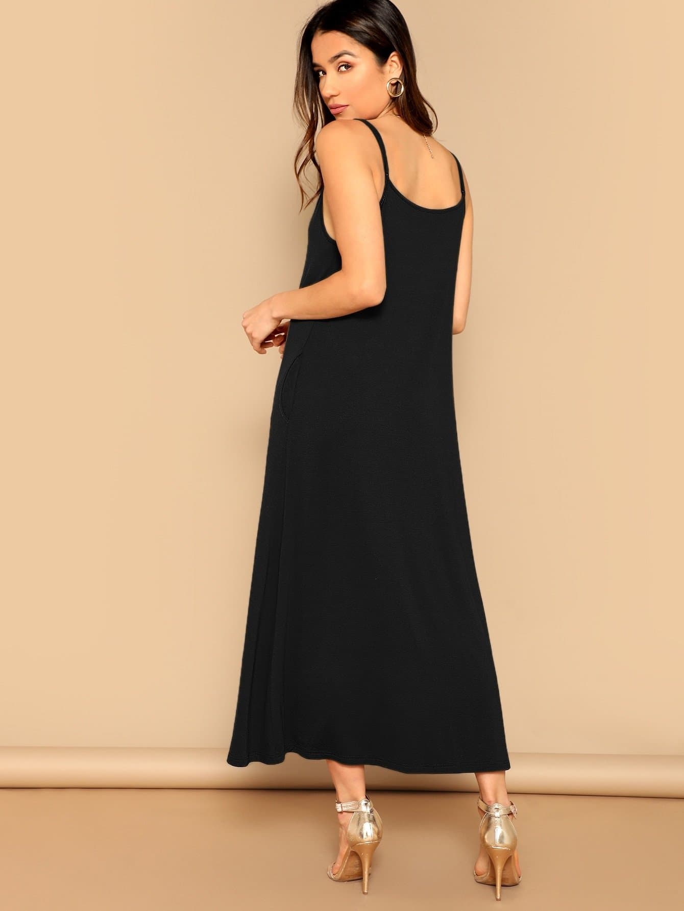 Sleeveless Spaghetti Strap Pocket Patched Swing Cami Dress
