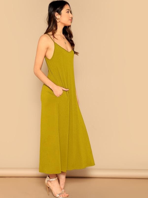 Sleeveless Spaghetti Strap Pocket Patched Swing Cami Dress