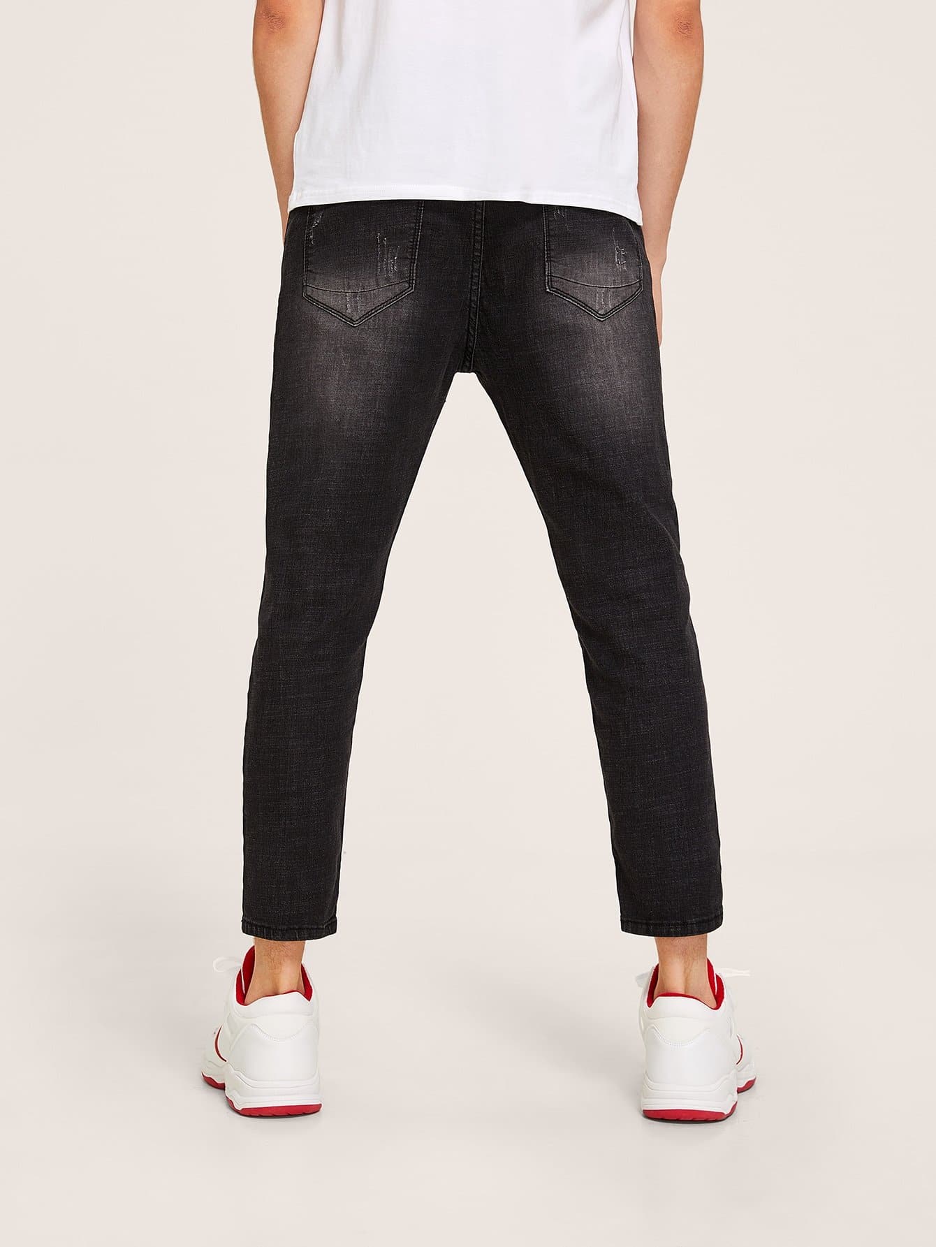 Black Straight Leg Button Fly Ripped Wash Ankle Jeans