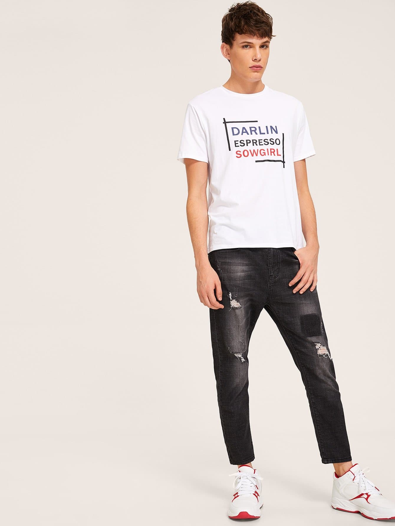 Black Straight Leg Button Fly Ripped Wash Ankle Jeans