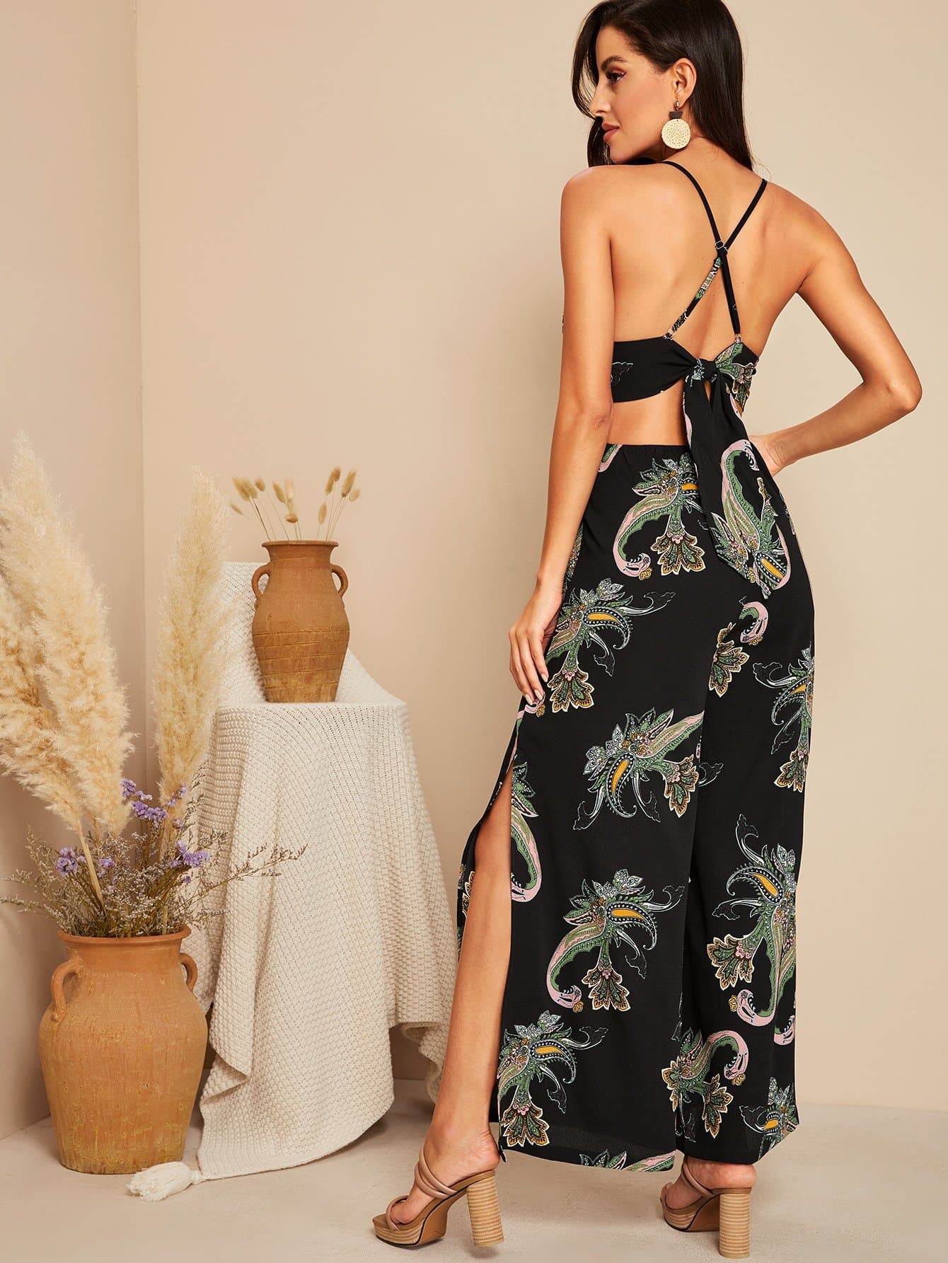 Black Spaghetti Strap Lace Bodice Knot Back Random Print Split Side Jumpsuit