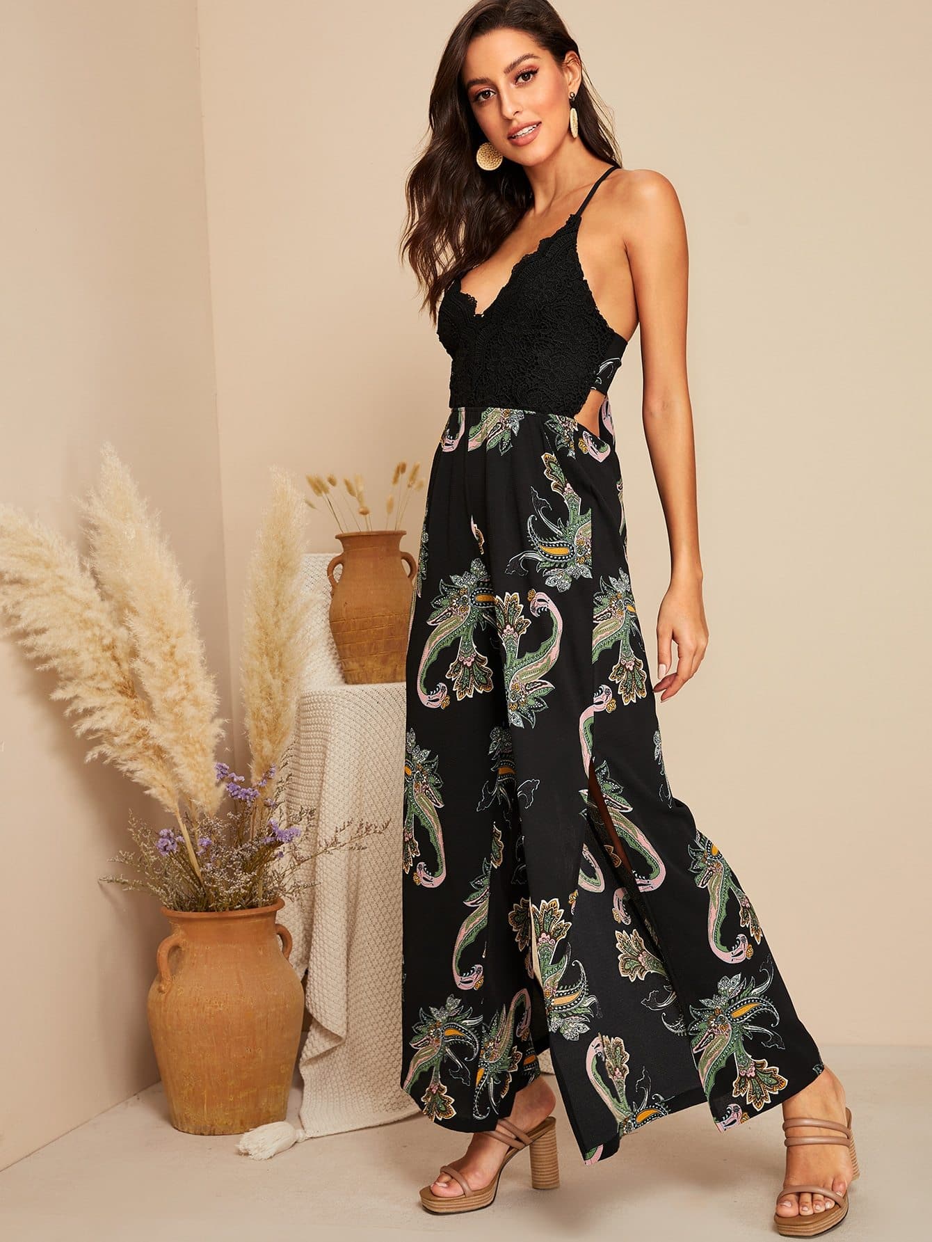 Black Spaghetti Strap Lace Bodice Knot Back Random Print Split Side Jumpsuit