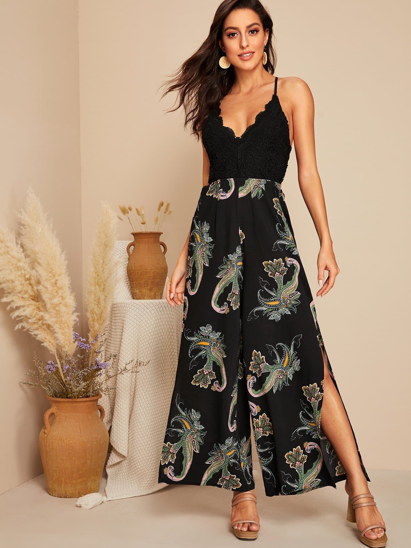 Black Spaghetti Strap Lace Bodice Knot Back Random Print Split Side Jumpsuit
