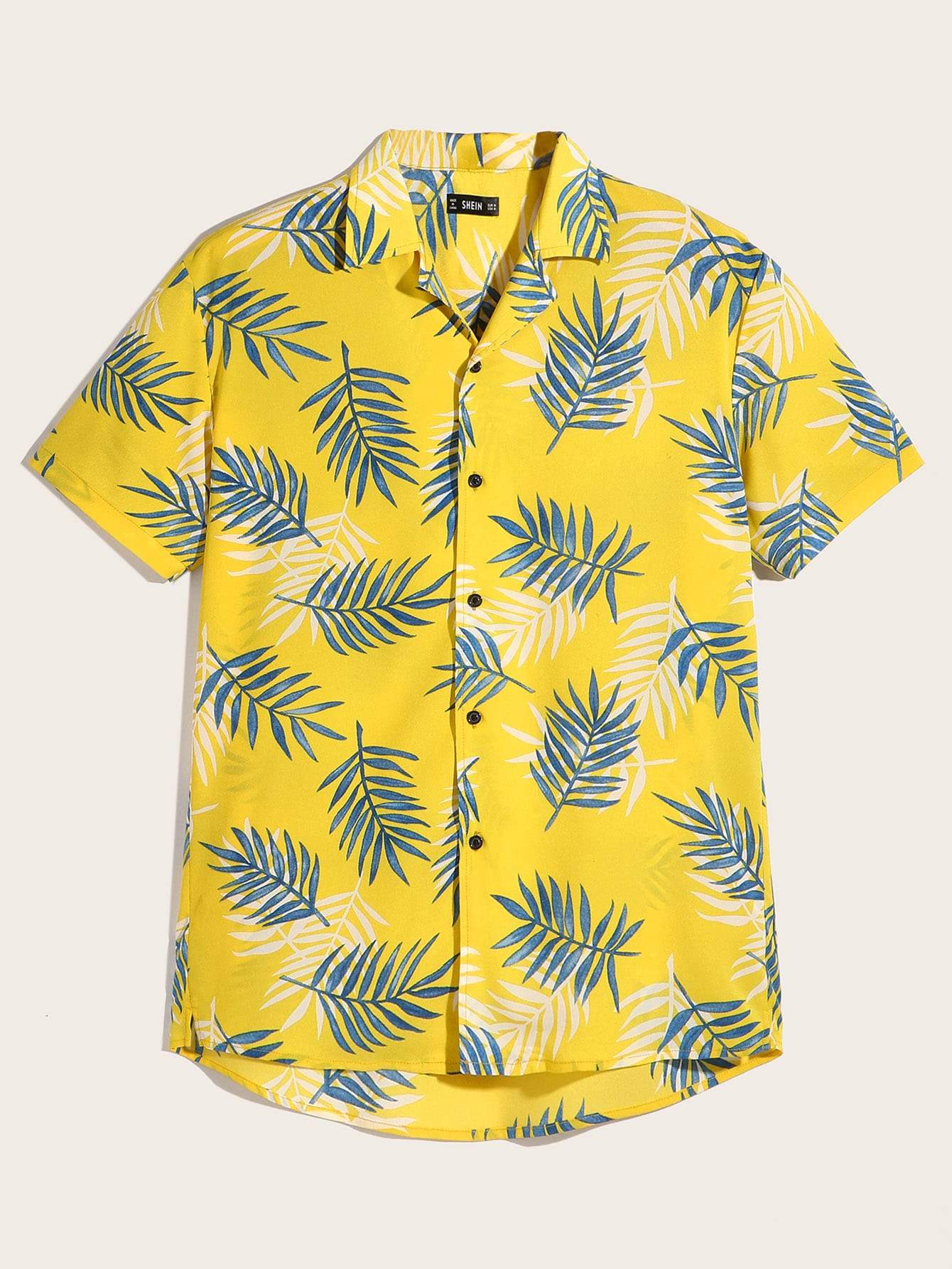 Button Fron Notched Collar Tropical Jungle Leaf Print Shirt