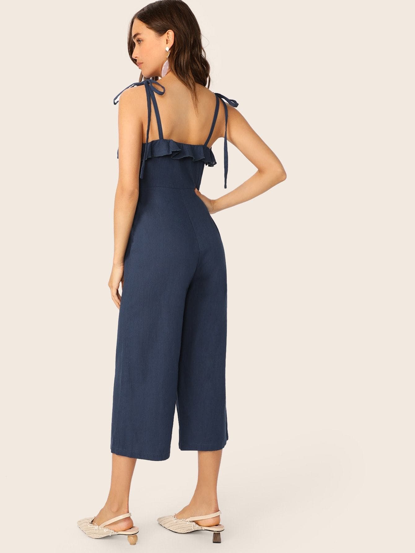 Navy Blue Spaghetti Strap Sleeveless Ruffle Foldover Culottes Jumpsuit With Tie Strappy