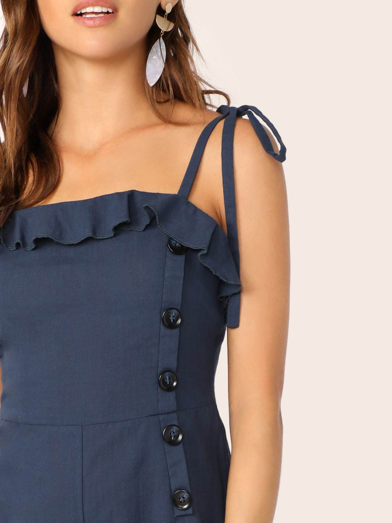 Navy Blue Spaghetti Strap Sleeveless Ruffle Foldover Culottes Jumpsuit With Tie Strappy