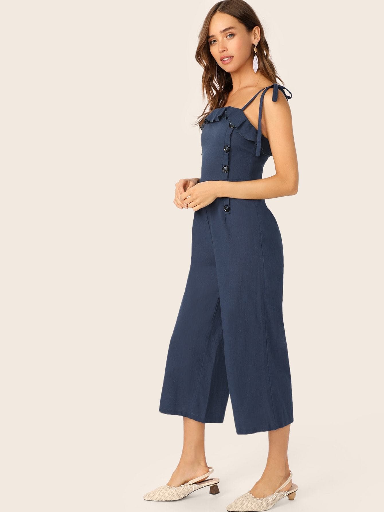 Navy Blue Spaghetti Strap Sleeveless Ruffle Foldover Culottes Jumpsuit With Tie Strappy