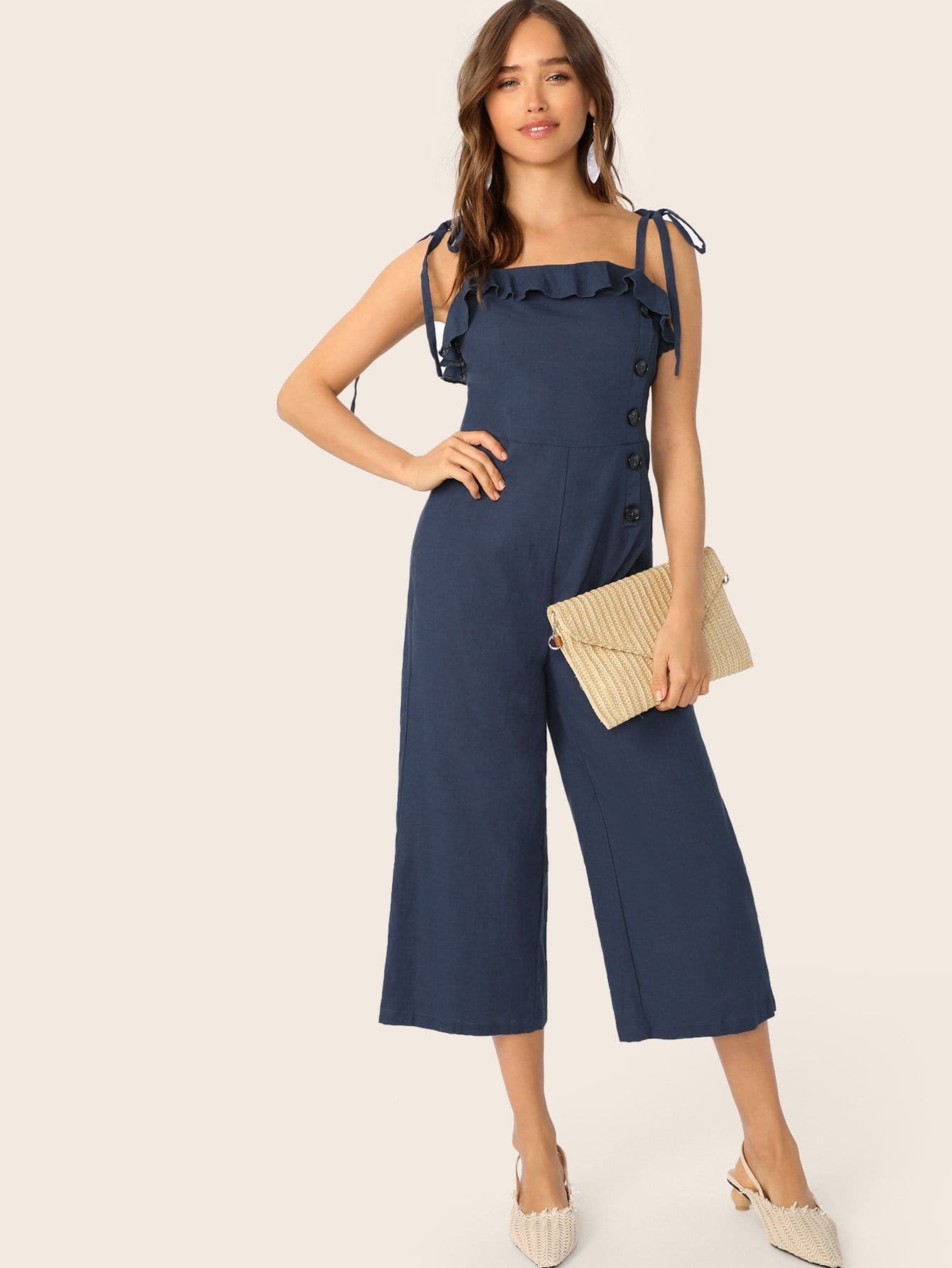 Navy Blue Spaghetti Strap Sleeveless Ruffle Foldover Culottes Jumpsuit With Tie Strappy