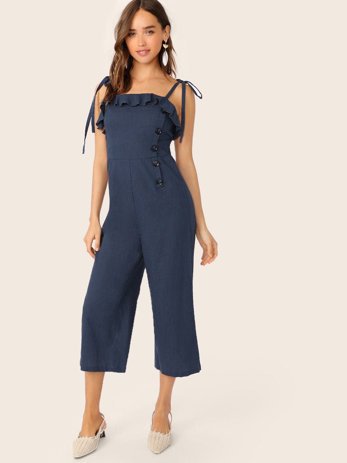 Navy Blue Spaghetti Strap Sleeveless Ruffle Foldover Culottes Jumpsuit With Tie Strappy