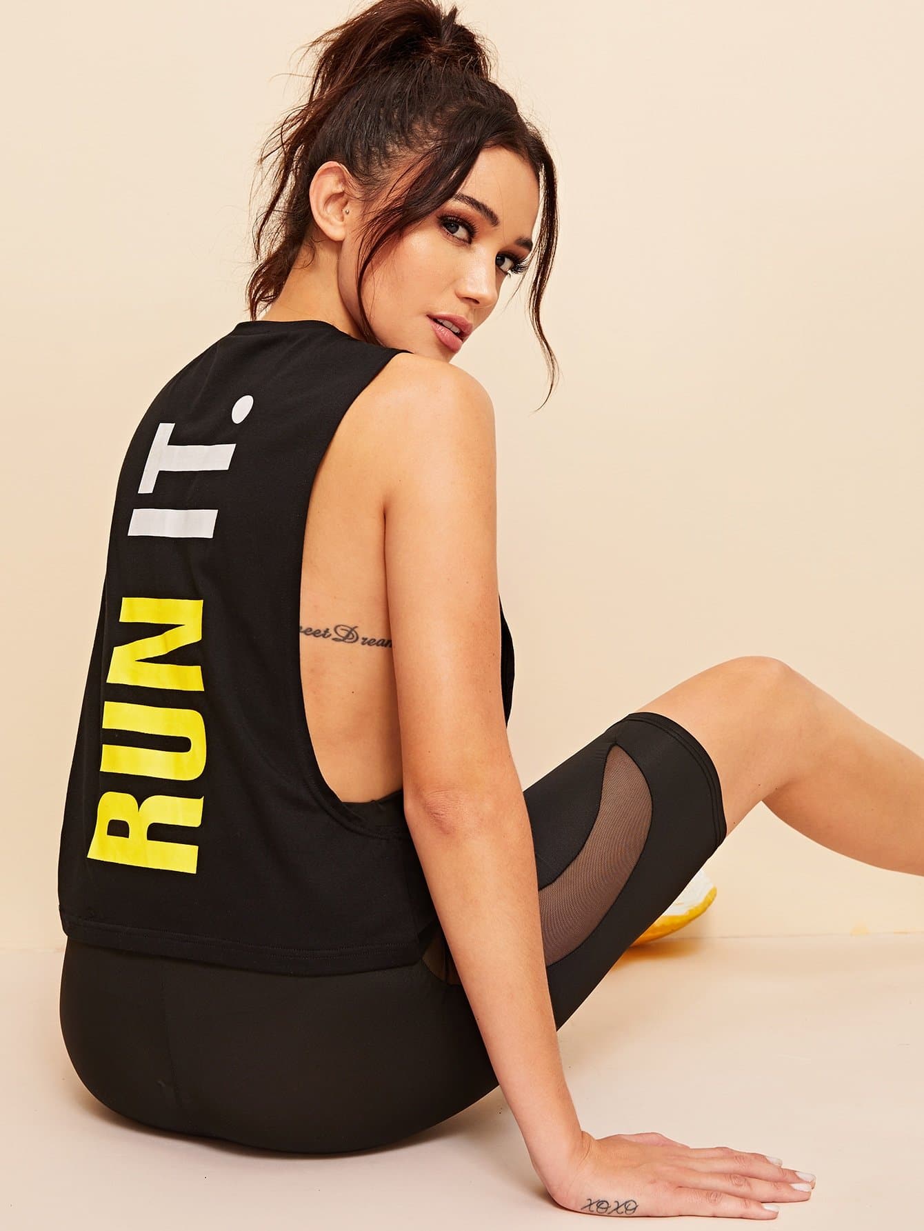 Black Round Neck Slogan Print Low Side Tank Top