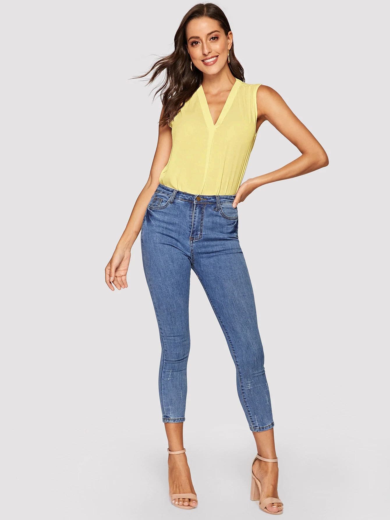 Sleeveless Regular Fit V-cut Neck Solid Top