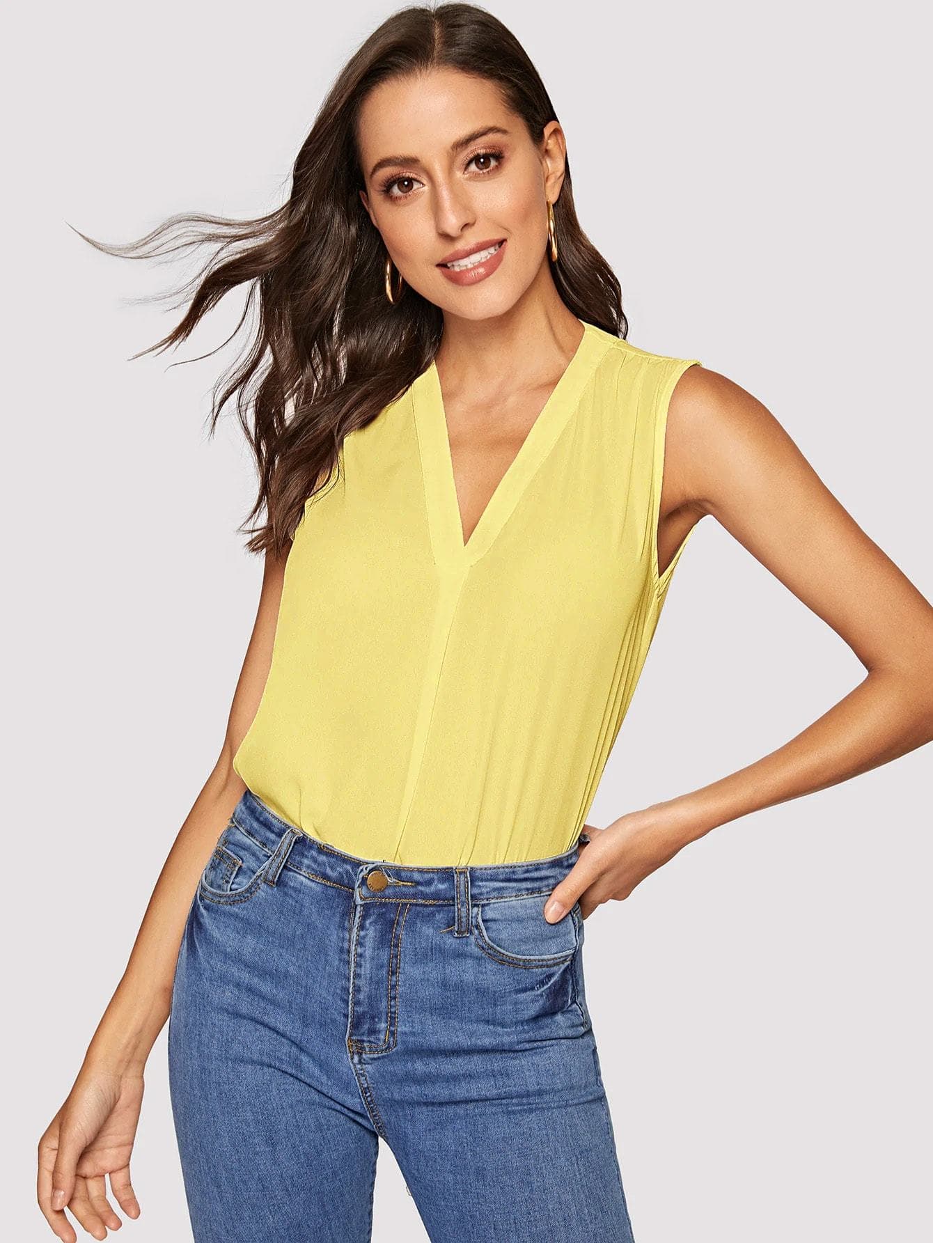 Sleeveless Regular Fit V-cut Neck Solid Top