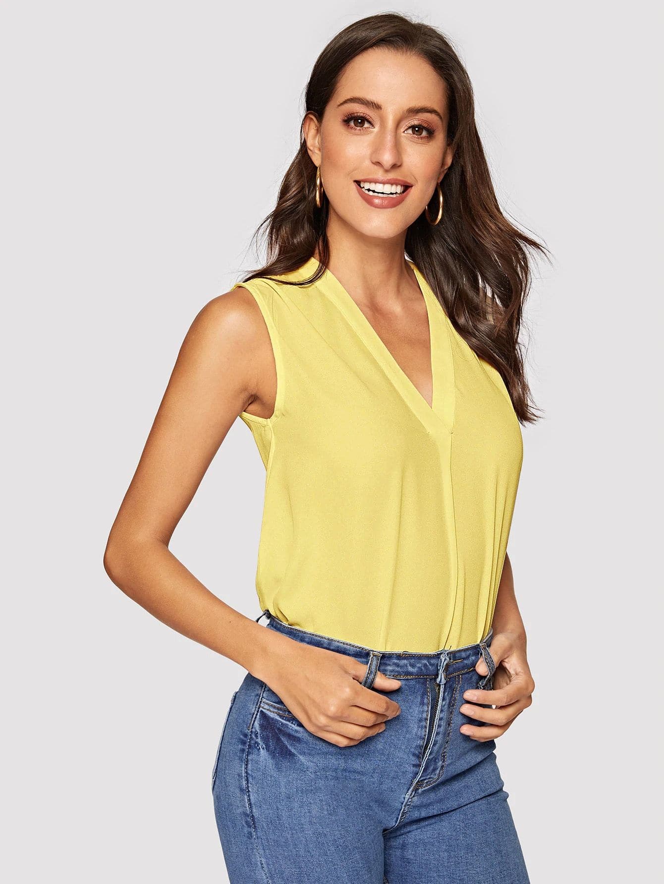 Sleeveless Regular Fit V-cut Neck Solid Top