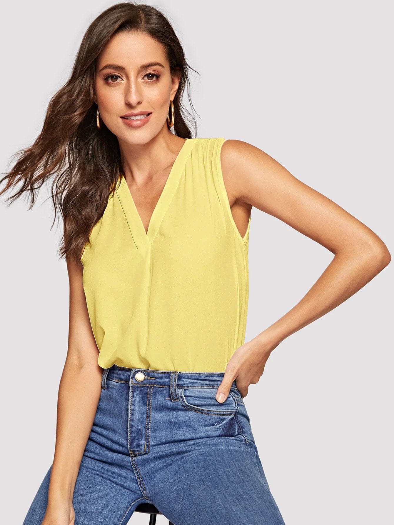 Sleeveless Regular Fit V-cut Neck Solid Top