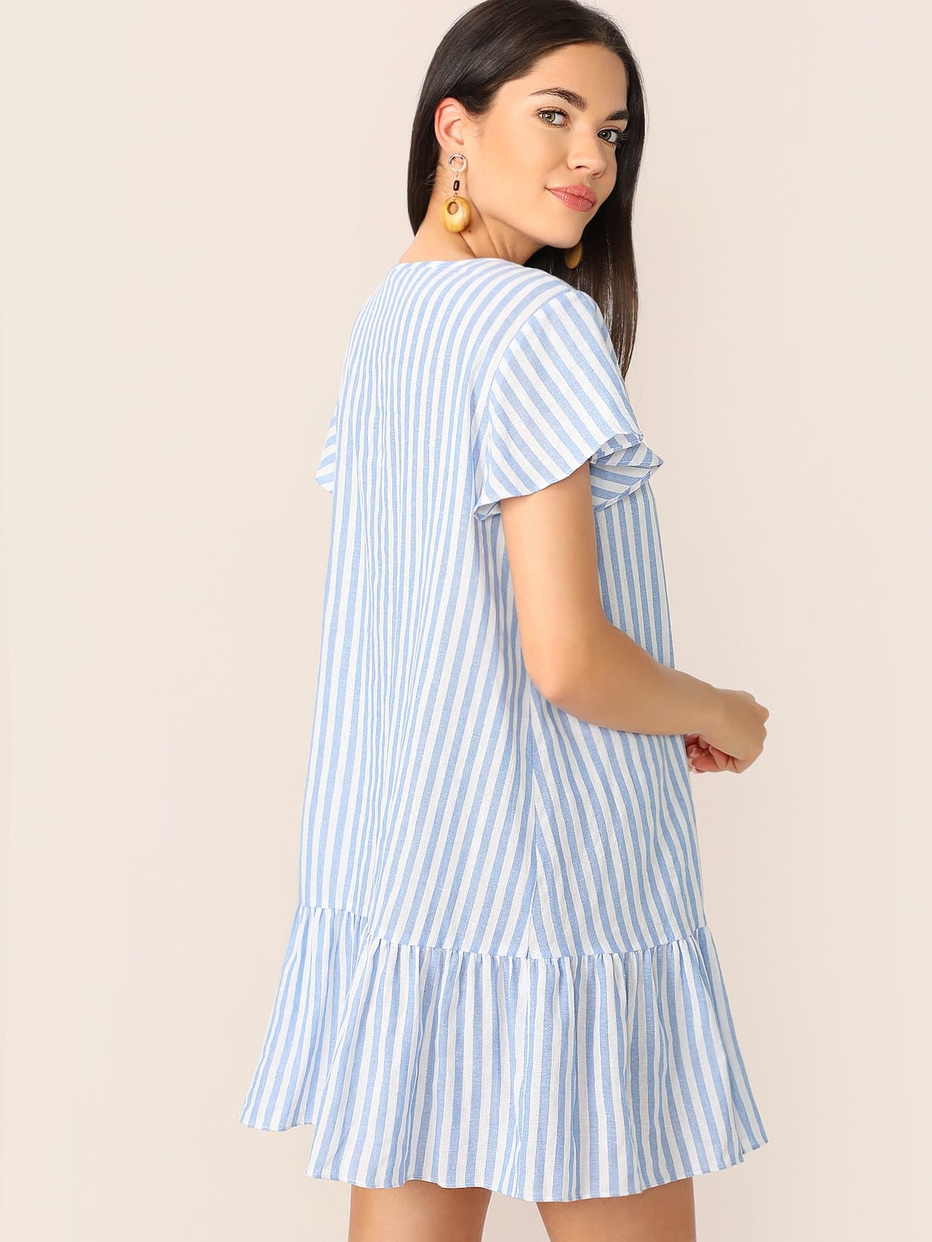 Blue V Neck Boho Single Breasted Ruffle Hem Striped Dress