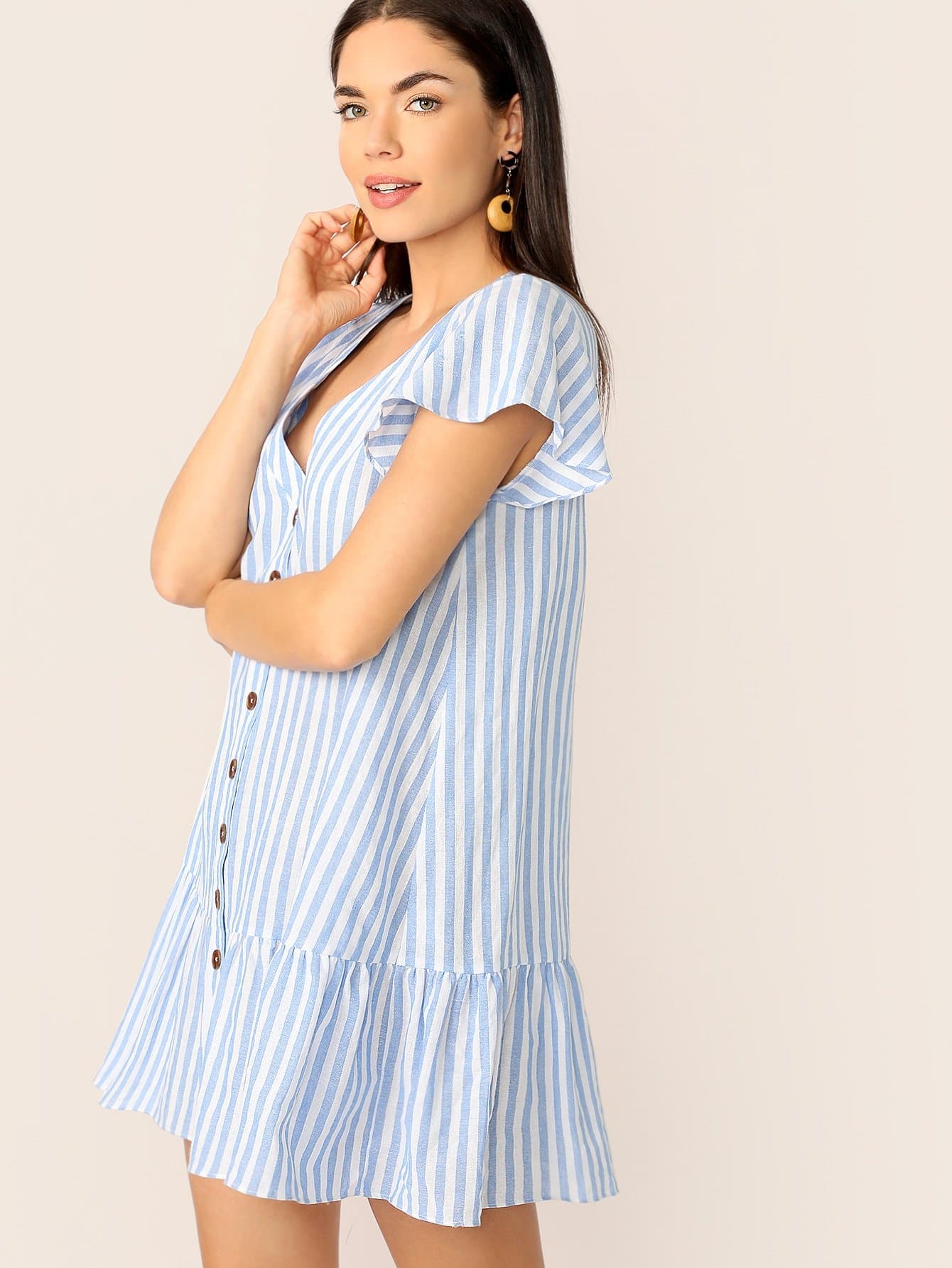 Blue V Neck Boho Single Breasted Ruffle Hem Striped Dress