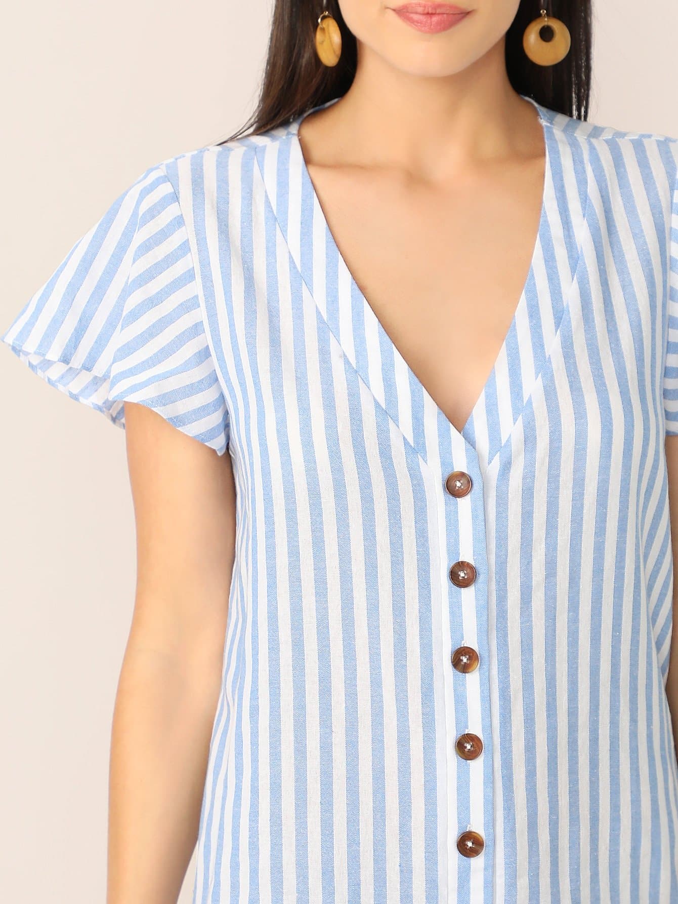 Blue V Neck Boho Single Breasted Ruffle Hem Striped Dress