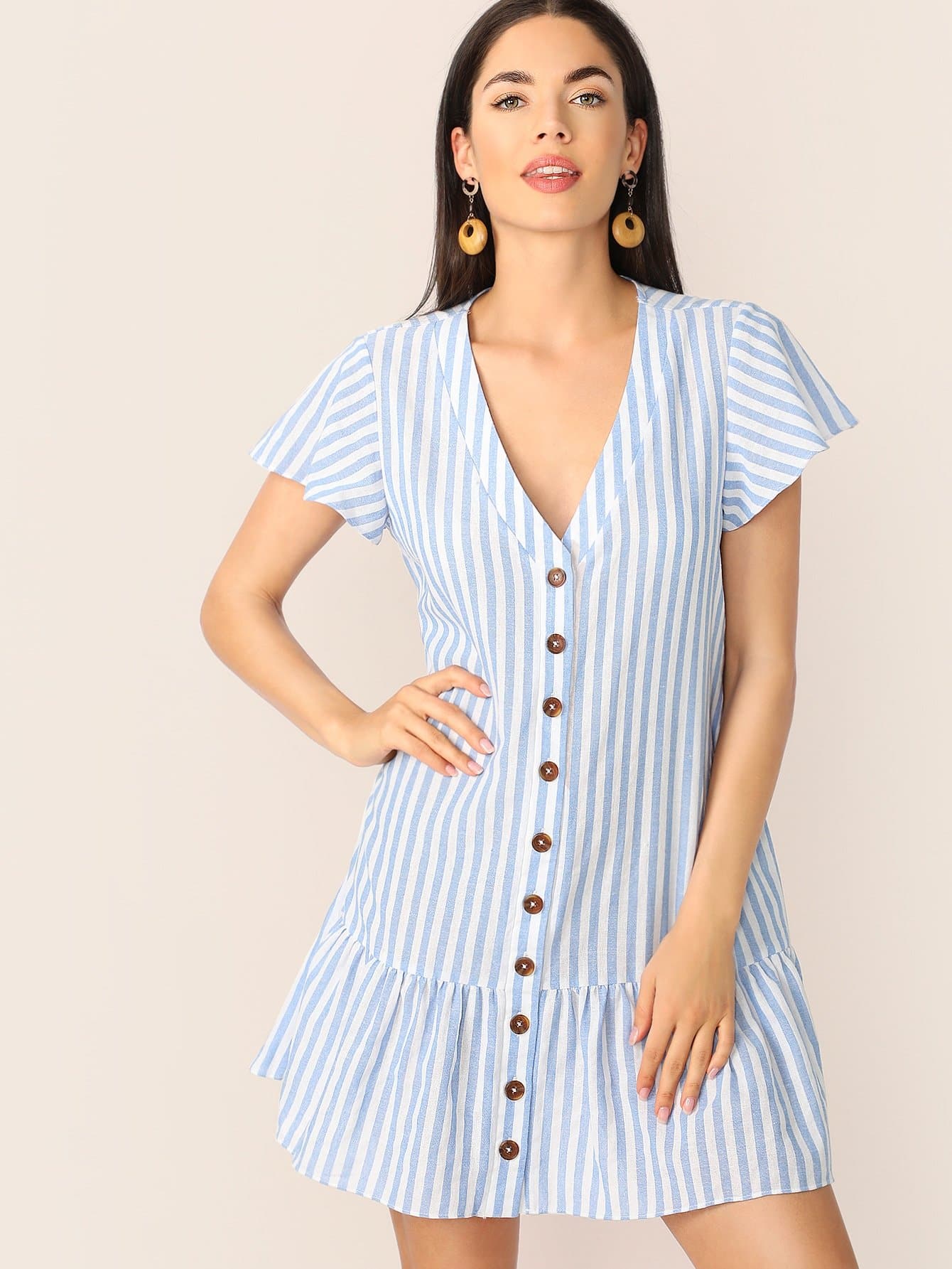 Blue V Neck Boho Single Breasted Ruffle Hem Striped Dress