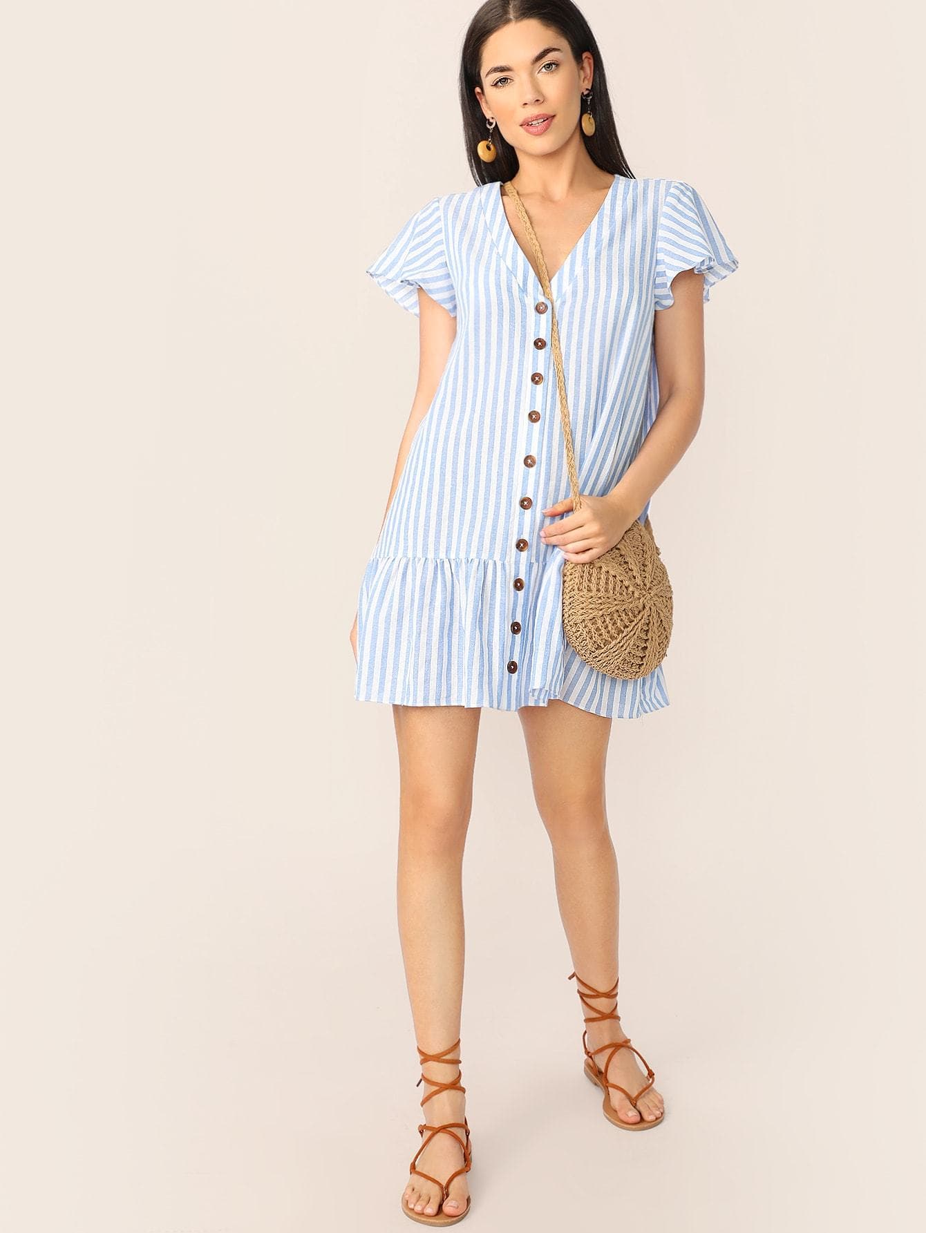 Blue V Neck Boho Single Breasted Ruffle Hem Striped Dress