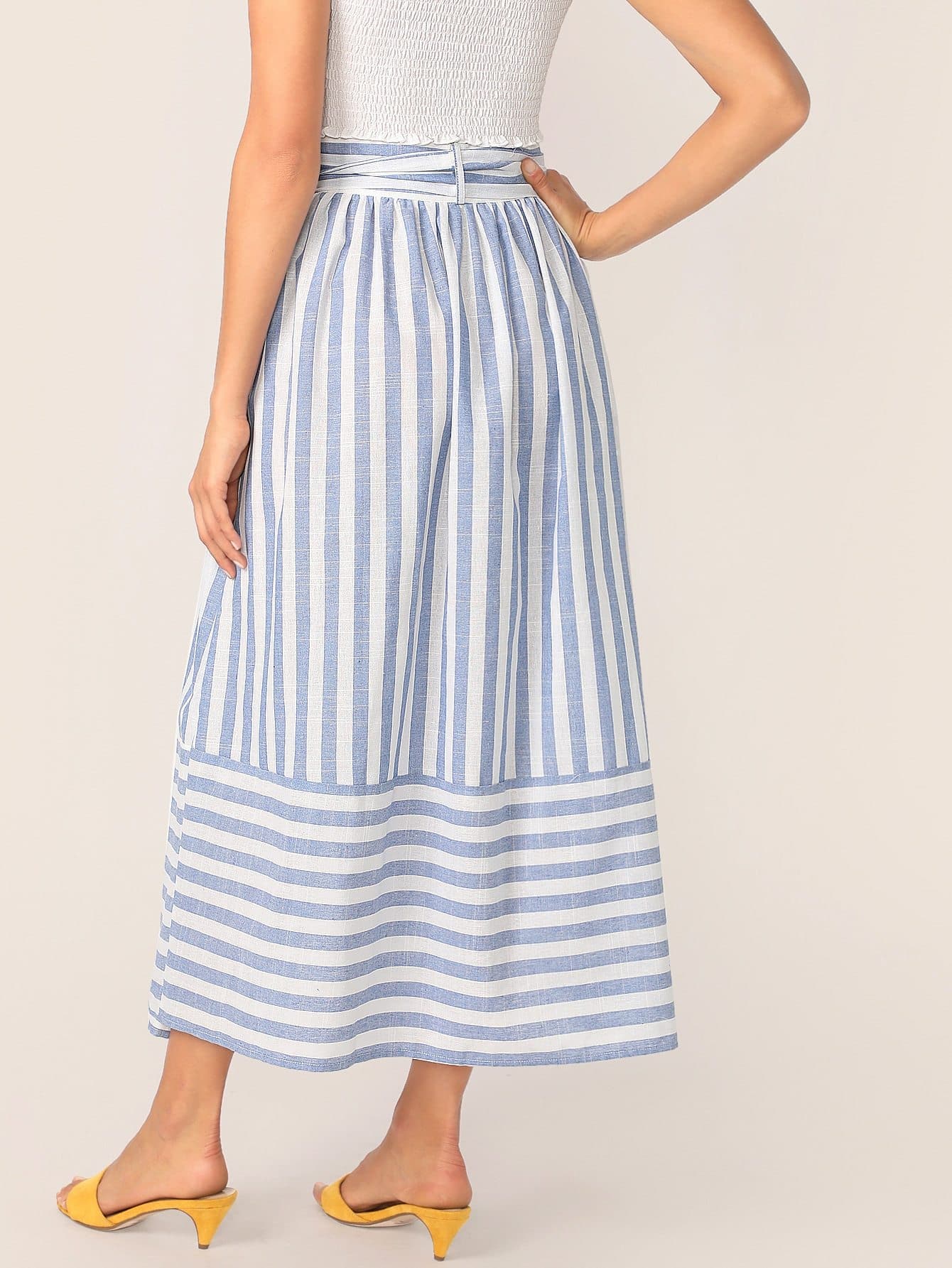 Blue High Waist Buttoned Split Front Belted Striped Skirt