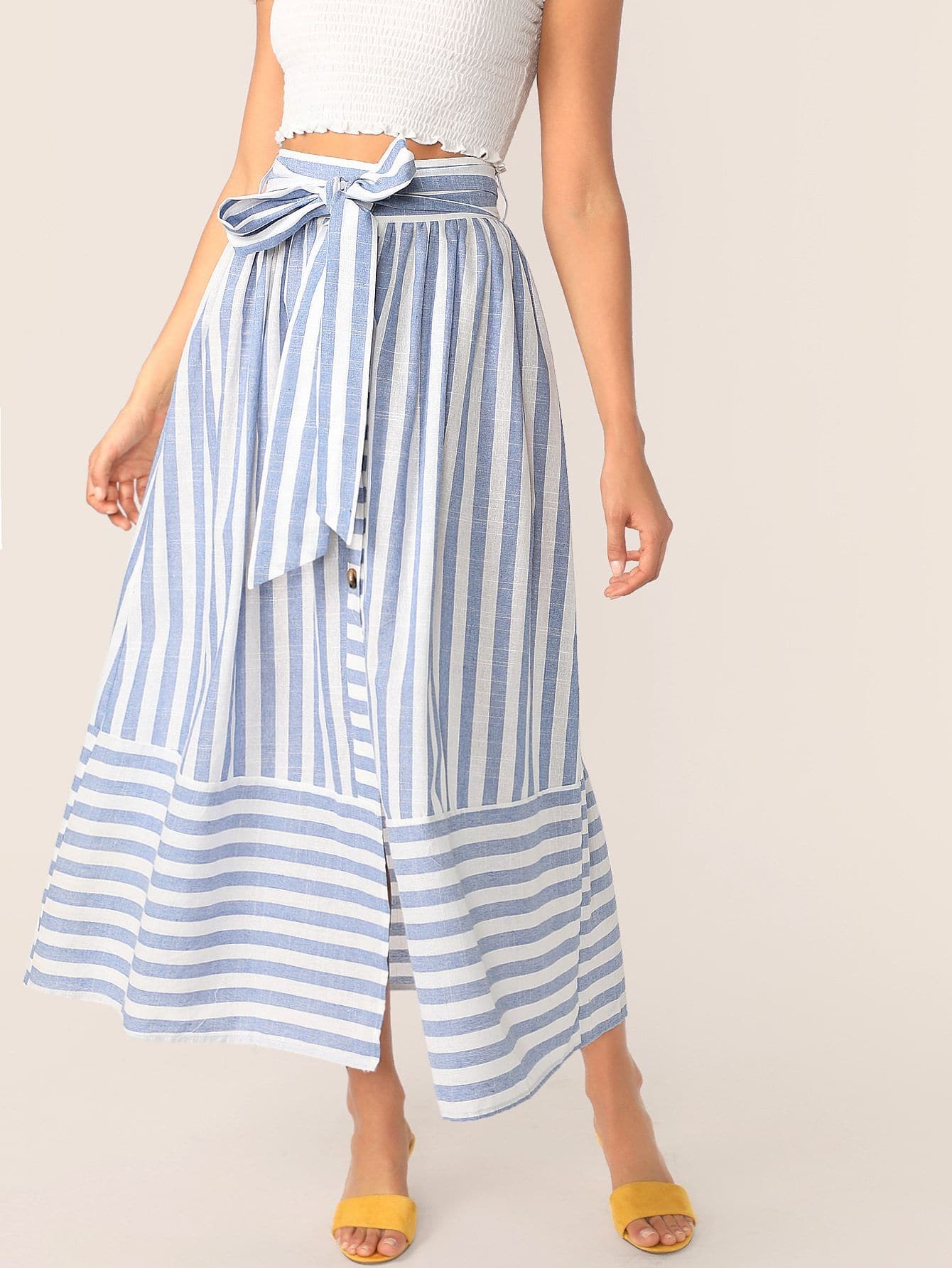 Blue High Waist Buttoned Split Front Belted Striped Skirt