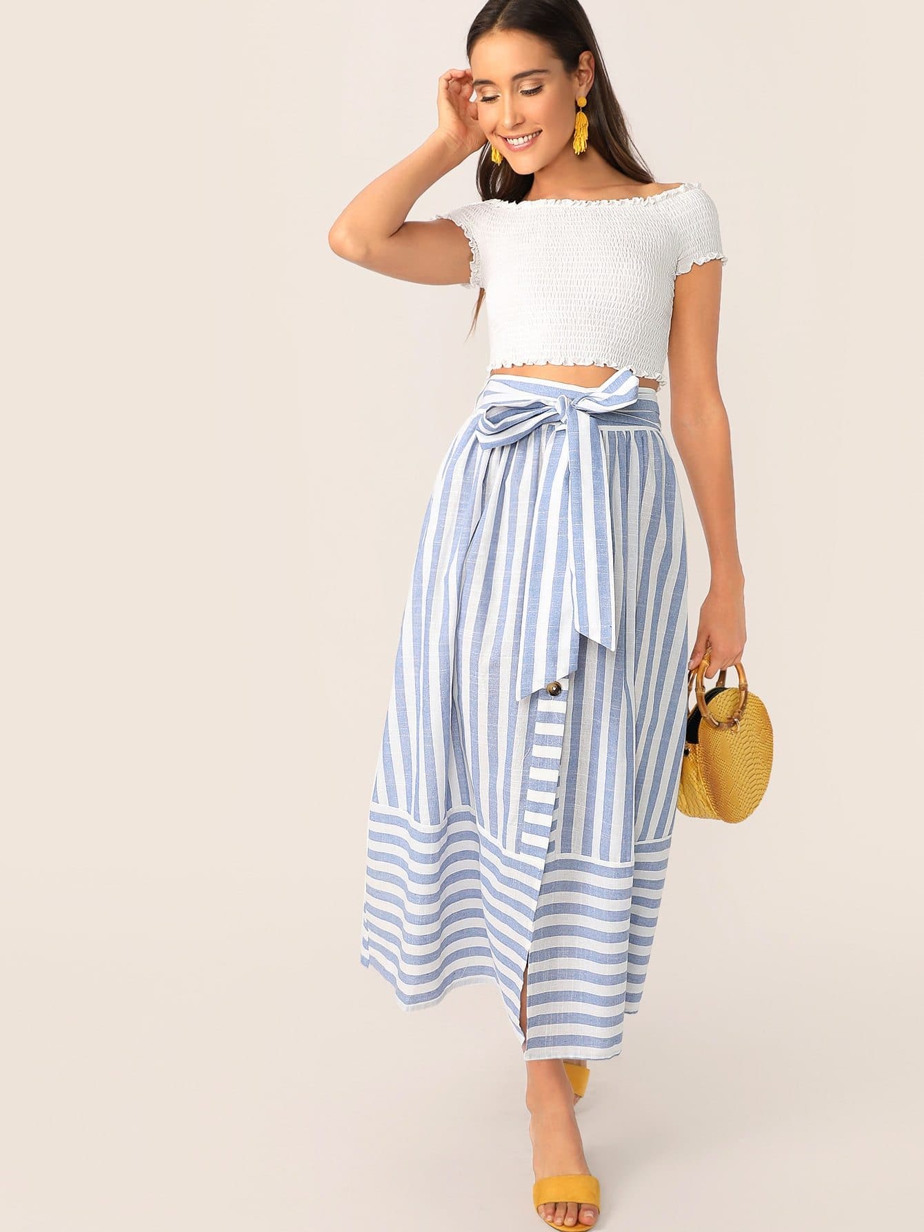 Blue High Waist Buttoned Split Front Belted Striped Skirt