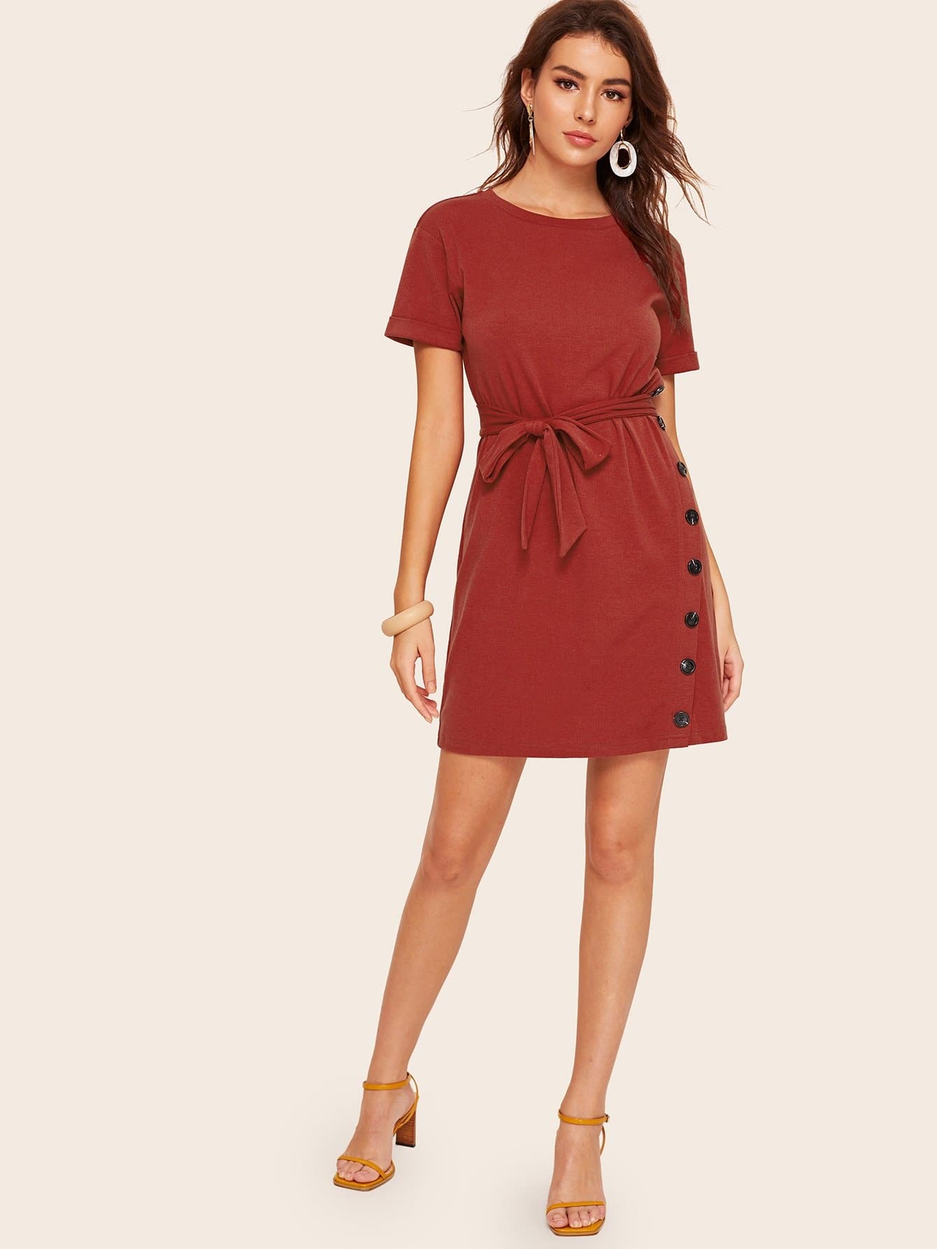 Rust Round Neck Button Front Rolled Cuff Rib-knit Belted Dress