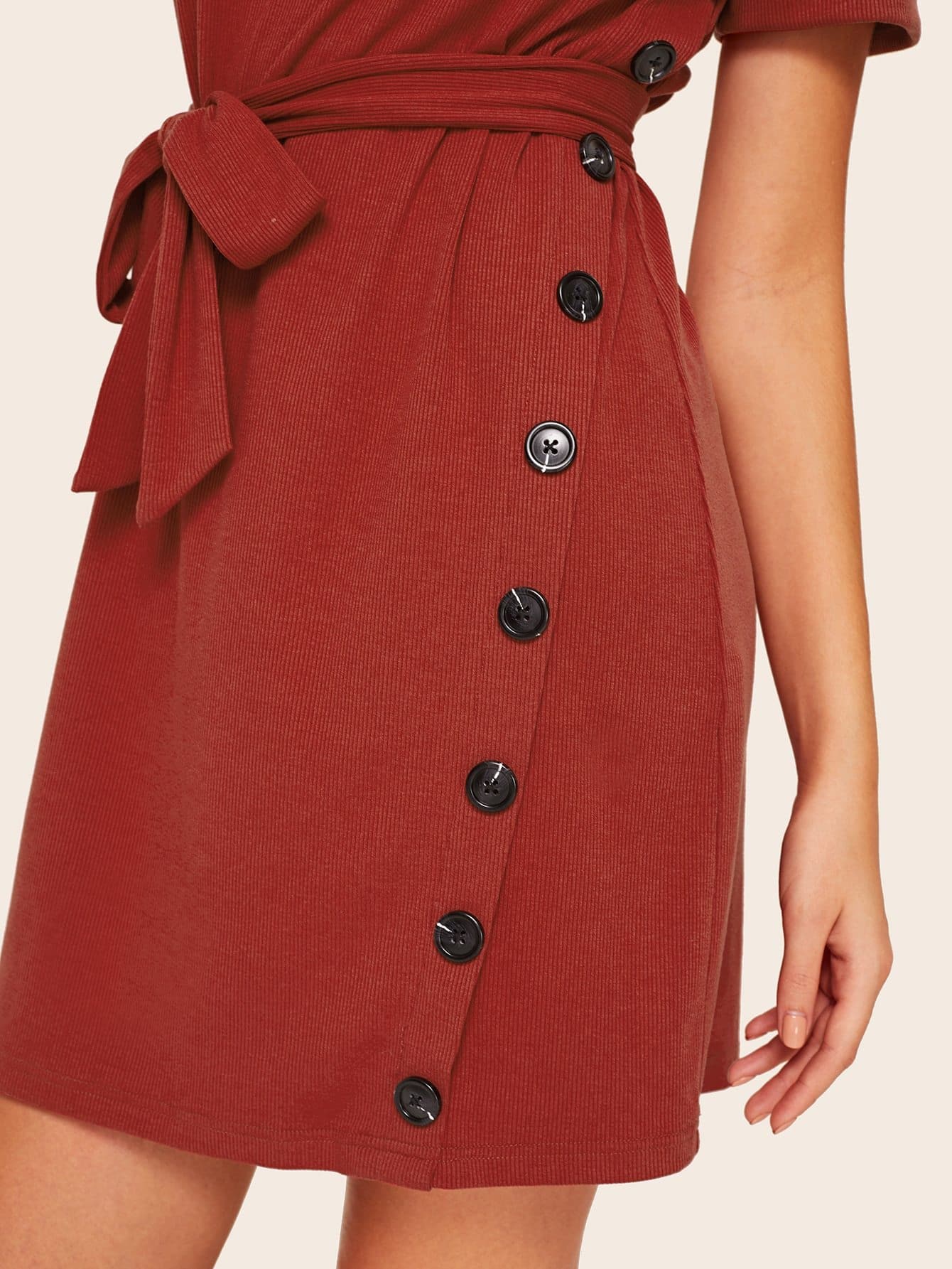 Rust Round Neck Button Front Rolled Cuff Rib-knit Belted Dress