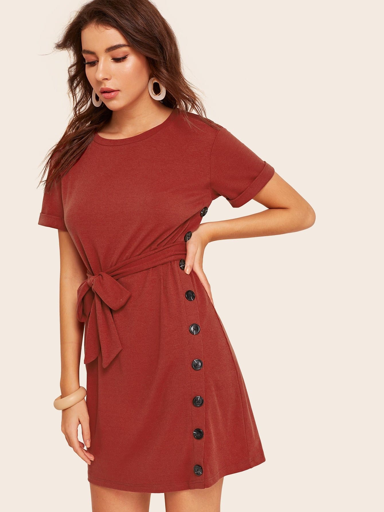 Rust Round Neck Button Front Rolled Cuff Rib-knit Belted Dress