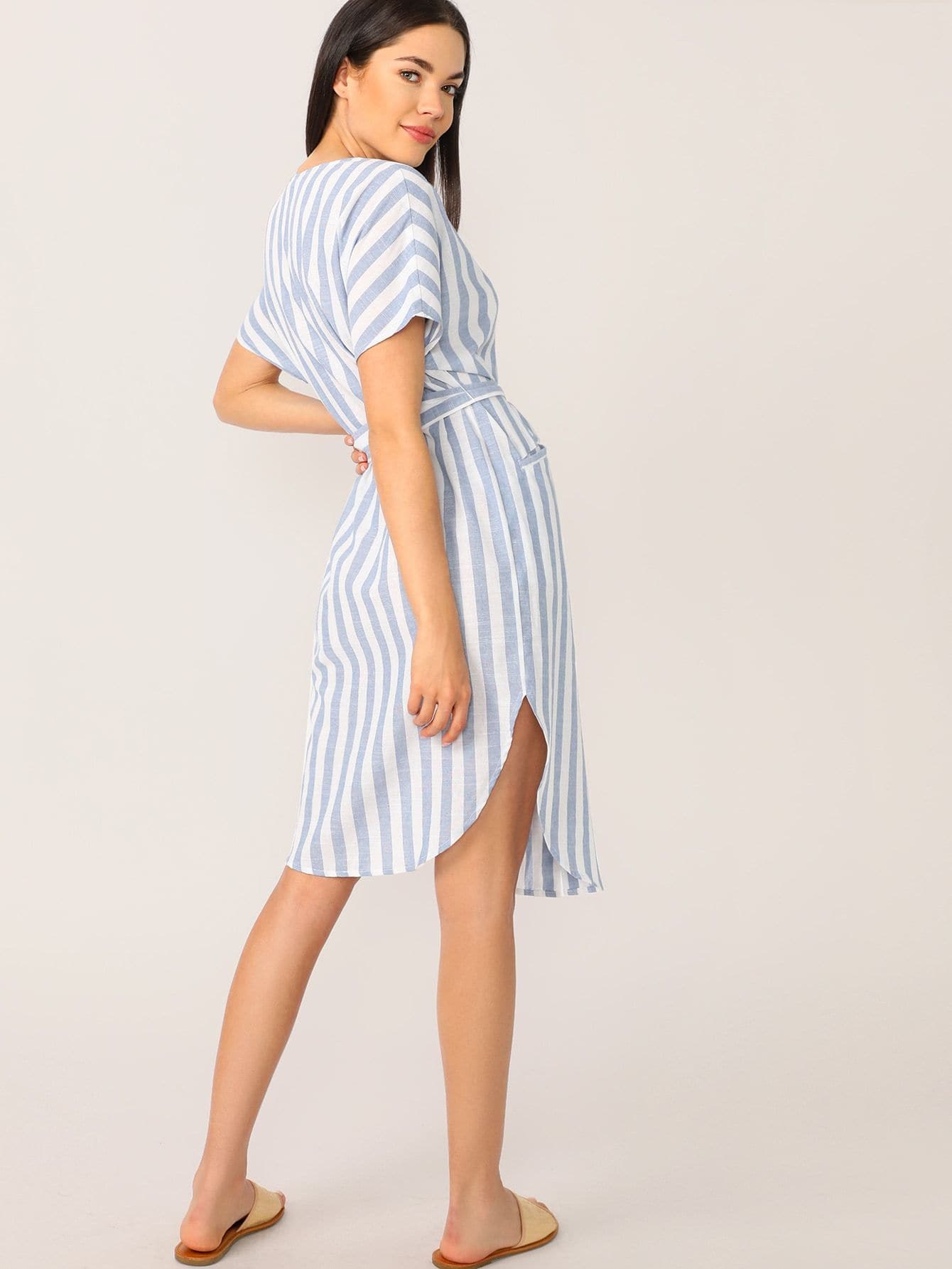 Blue V Neck Boho Curved Hem Striped Belted Shirt Dress
