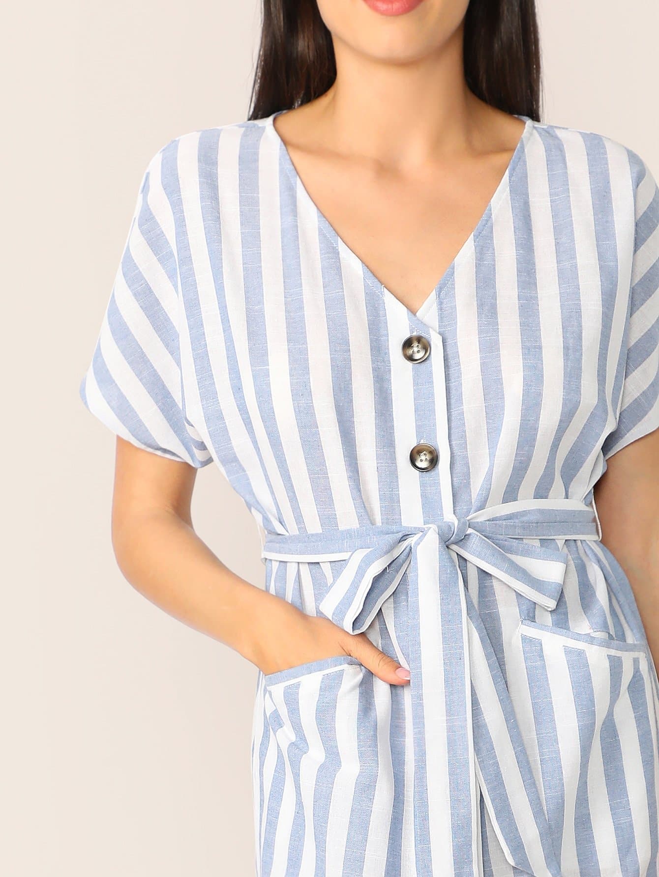 Blue V Neck Boho Curved Hem Striped Belted Shirt Dress