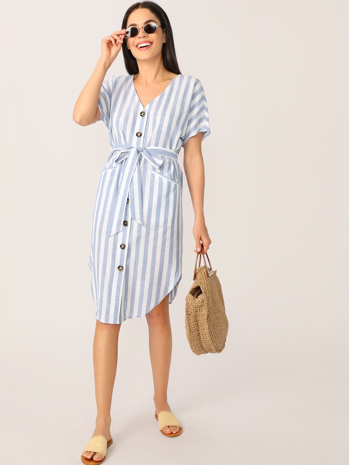 Blue V Neck Boho Curved Hem Striped Belted Shirt Dress