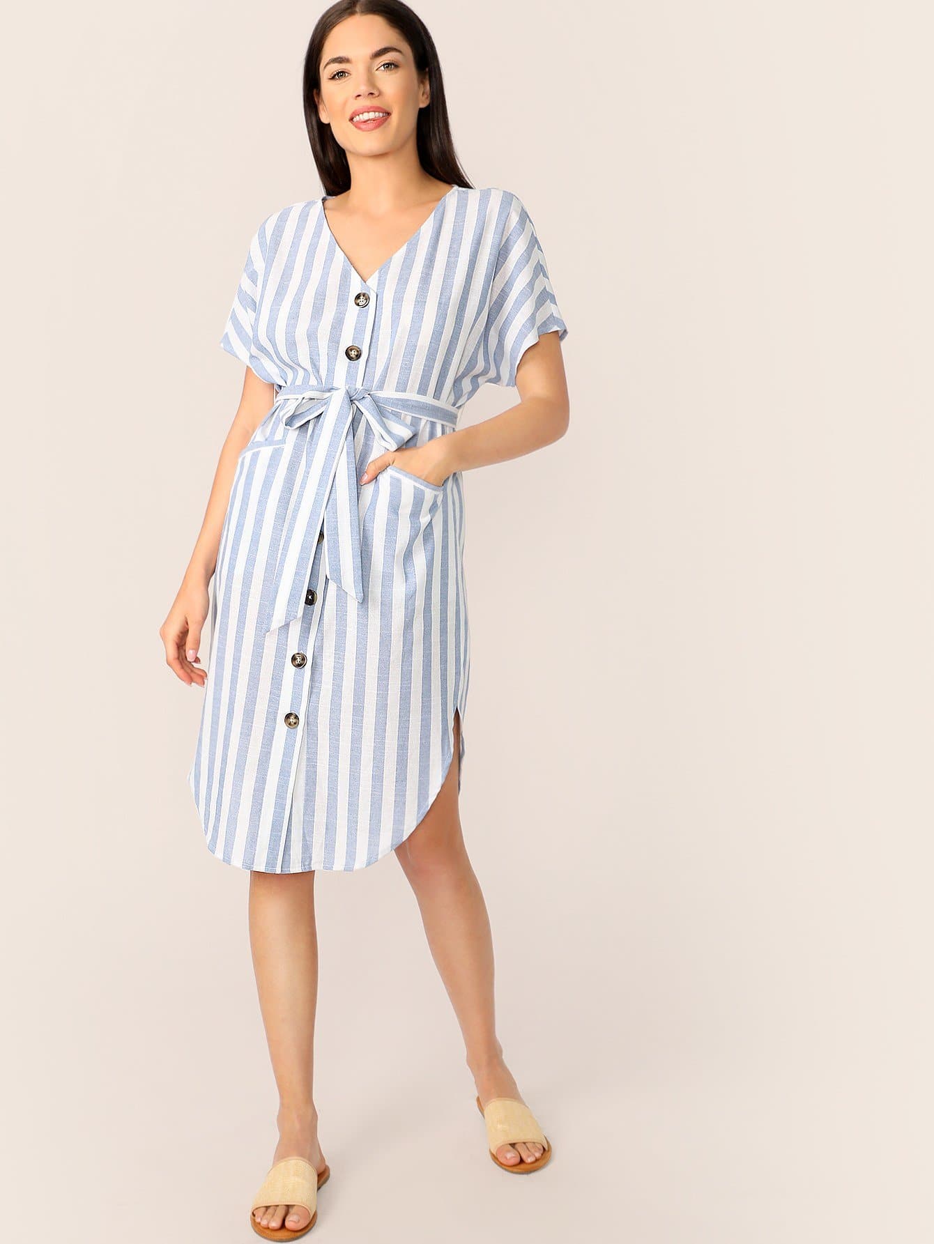 Blue V Neck Boho Curved Hem Striped Belted Shirt Dress