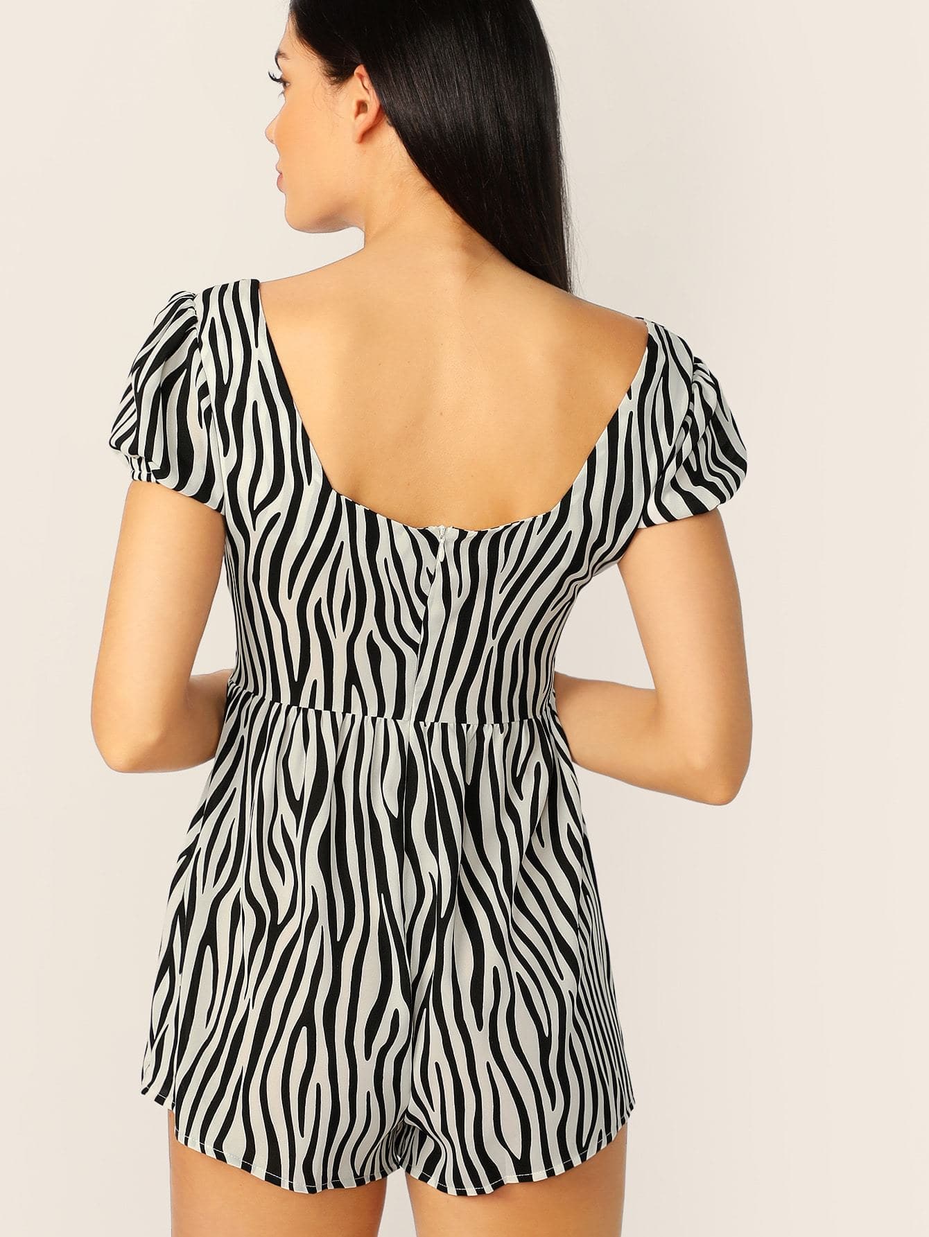 Black and White Square Neck Zip Back Backless Puff Sleeve Zebra Pattern Romper