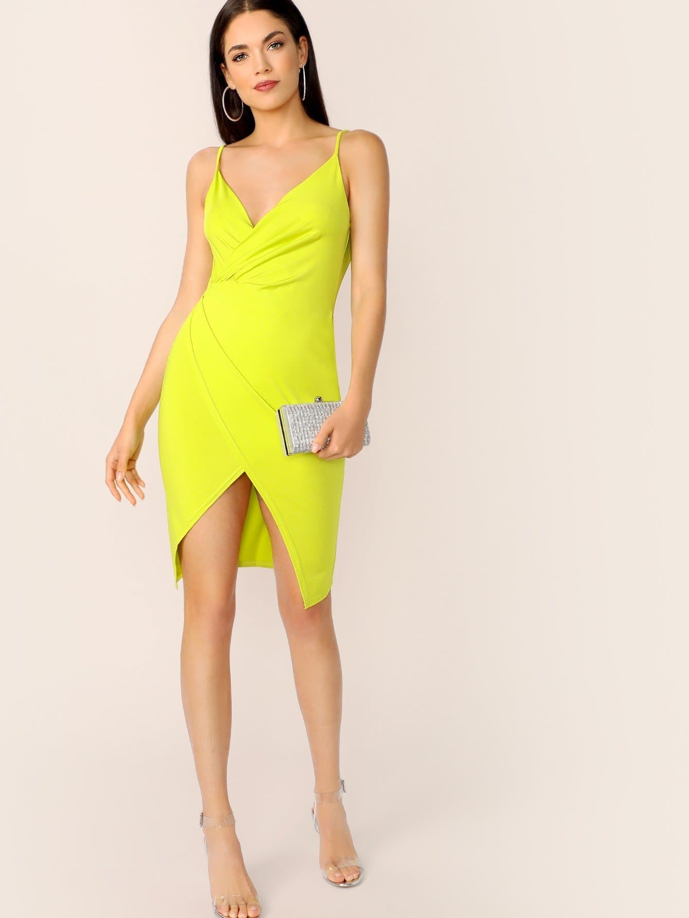 Sleeveless Spaghetti Strap Deep V Neck Surplice Wrap Asymmetrical Cami Dress