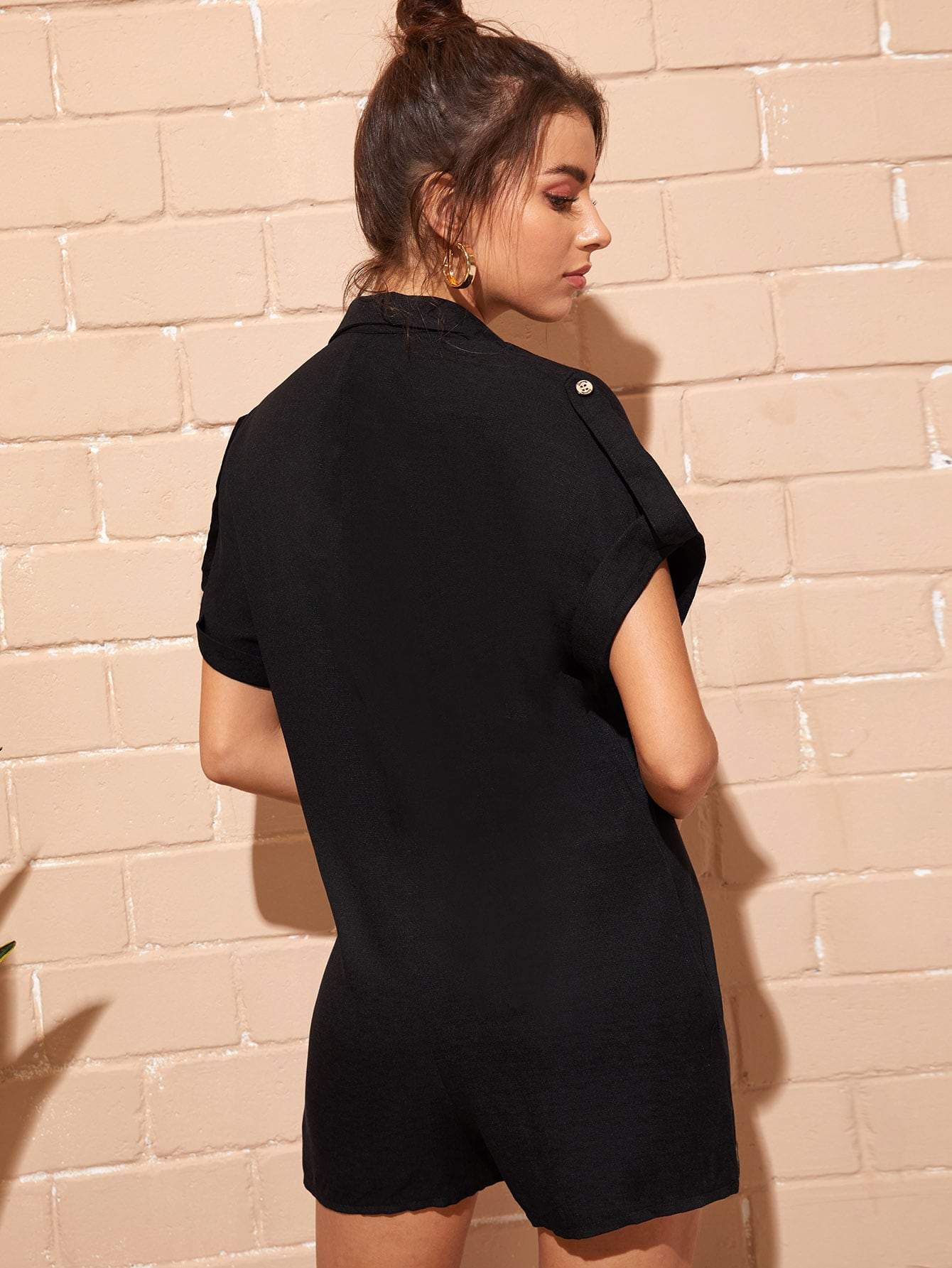 Black Mid Waist Button Front Roll Up Sleeve Romper