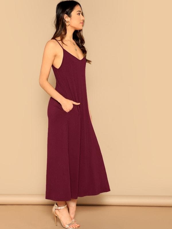 Sleeveless Spaghetti Strap Pocket Patched Swing Cami Dress