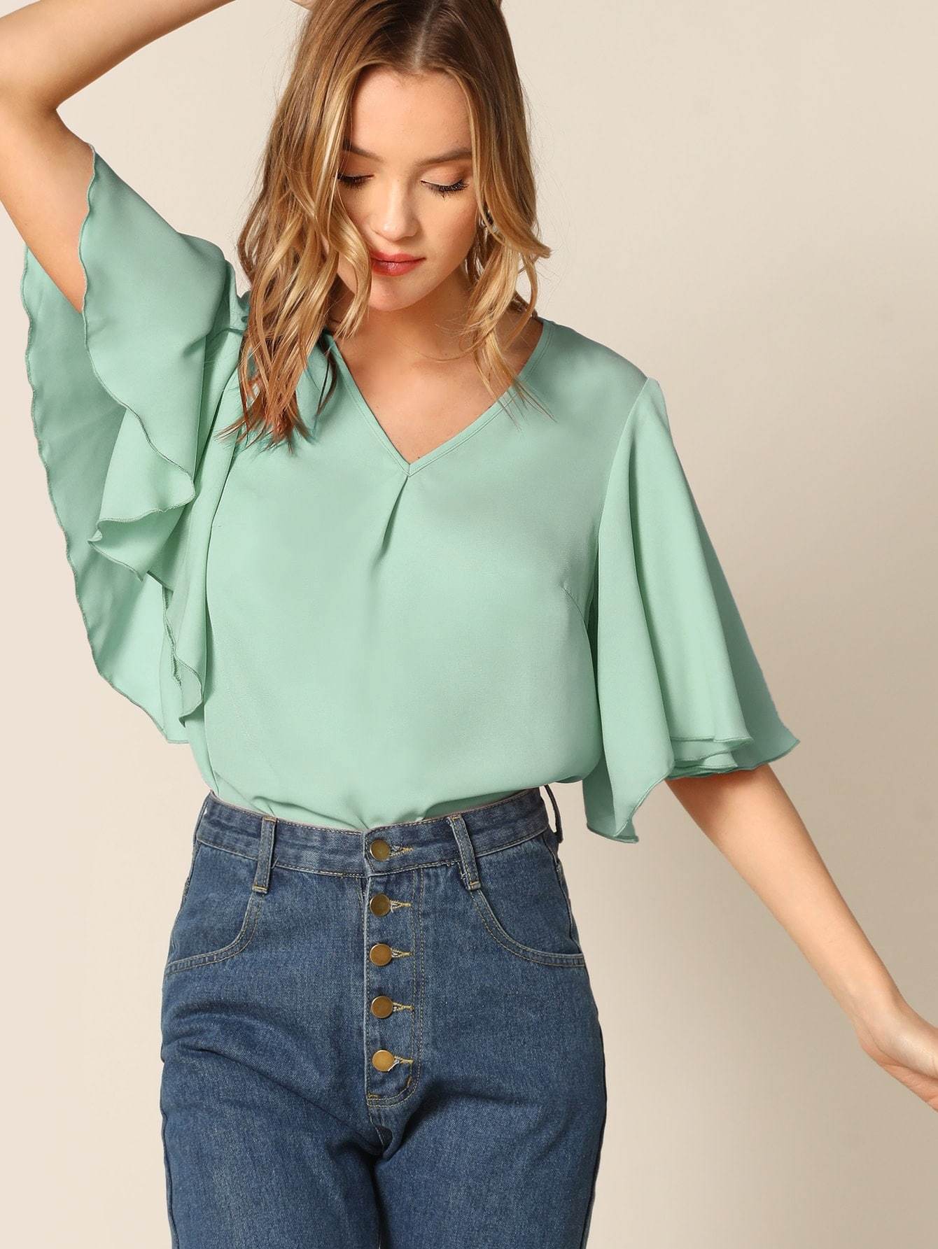 V-Neck Half Sleeve V-neck Flutter Sleeve Solid Top