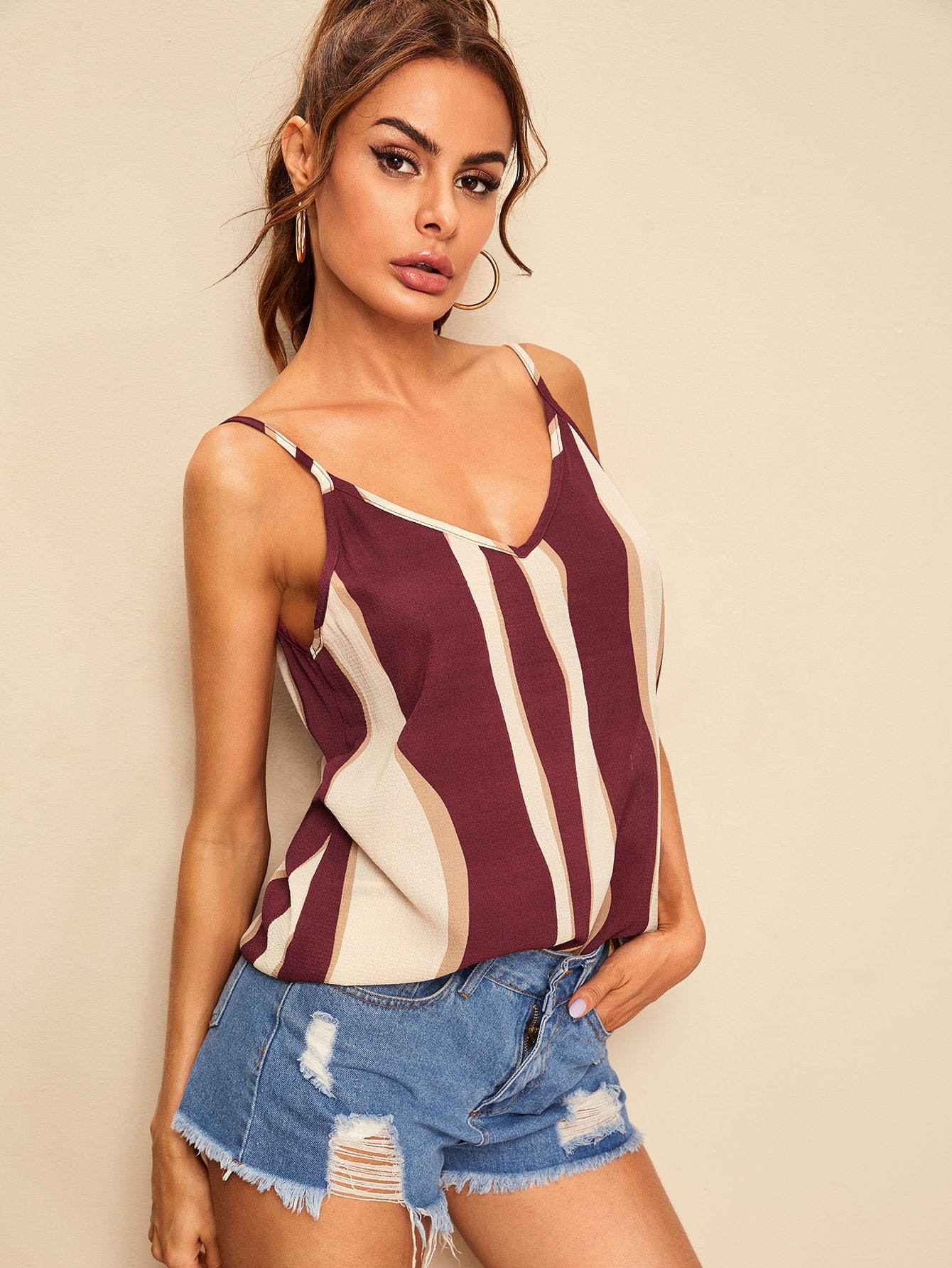 Regular Fit V-Neck Spaghetti Strap Color-block Cami Top