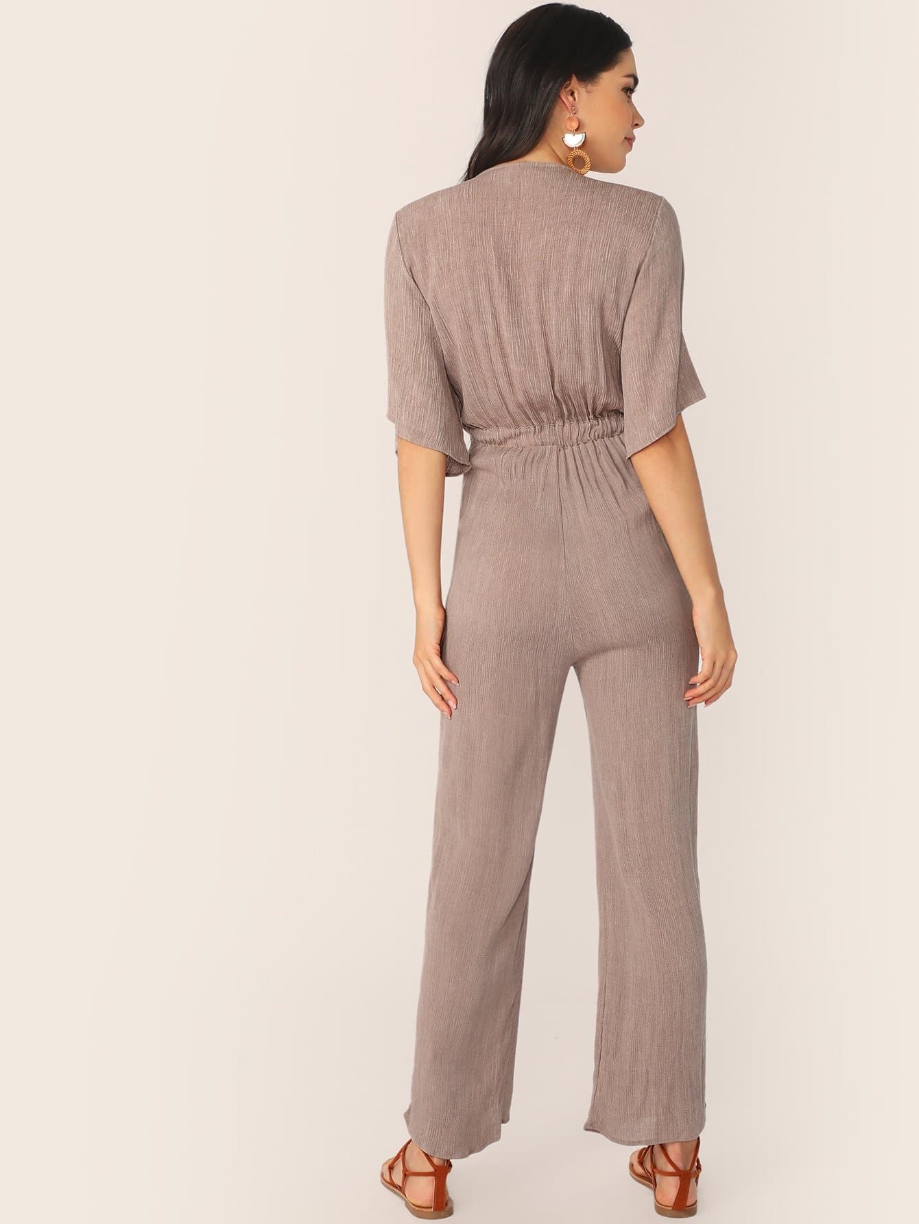 Purple V-Neck Tie Front Short Sleeve Gauze Jumpsuit